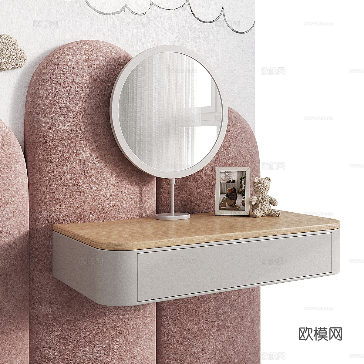 现代奶油风儿童房床头背景墙3d模型
