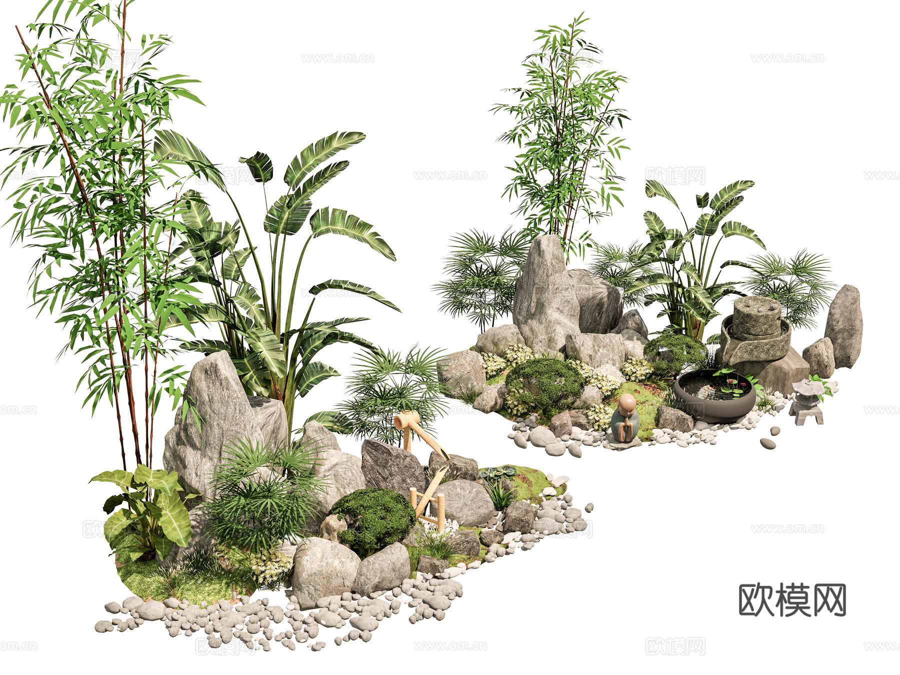 新中式现代假山 新中式庭院石头 庭院石头造景小品 石头岩石su模型