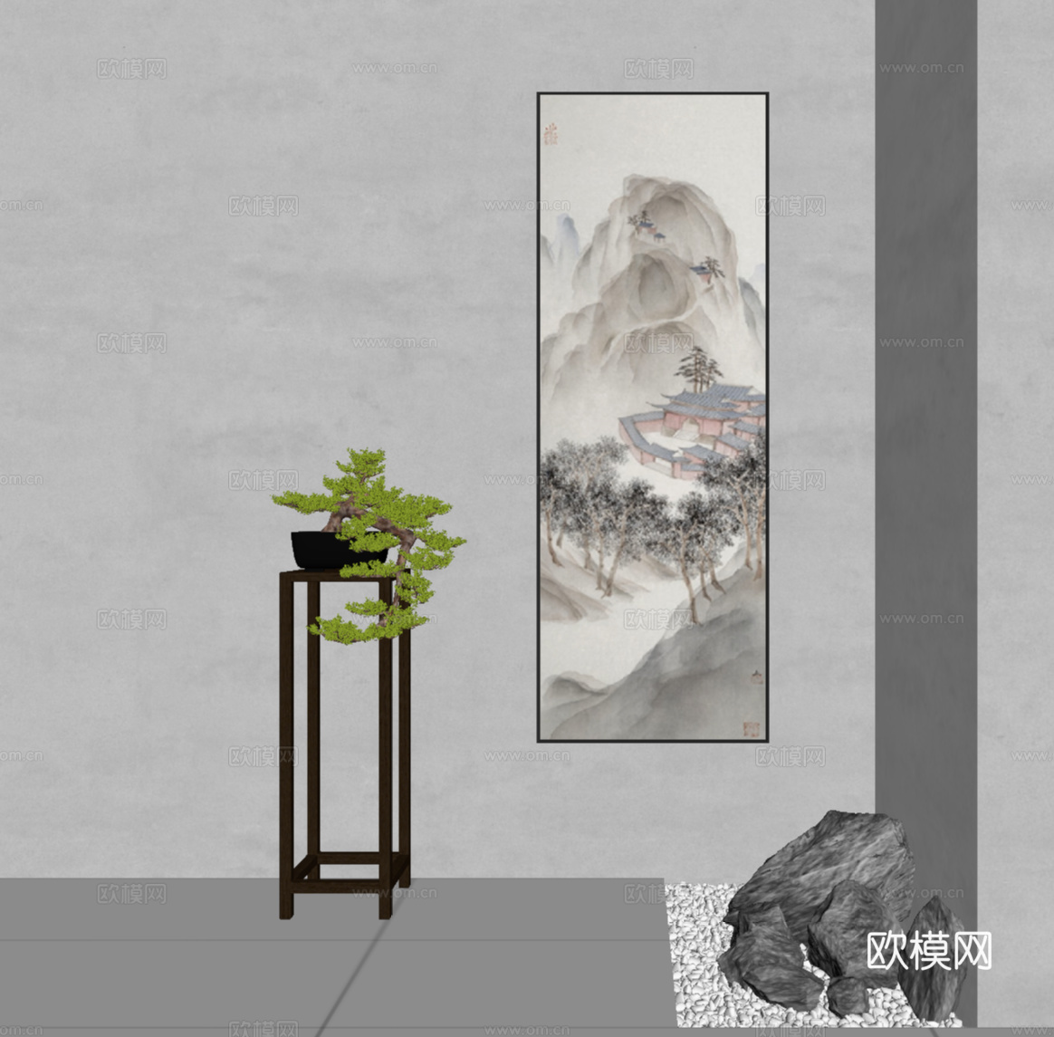 新中式挂画 盆景 石头su模型