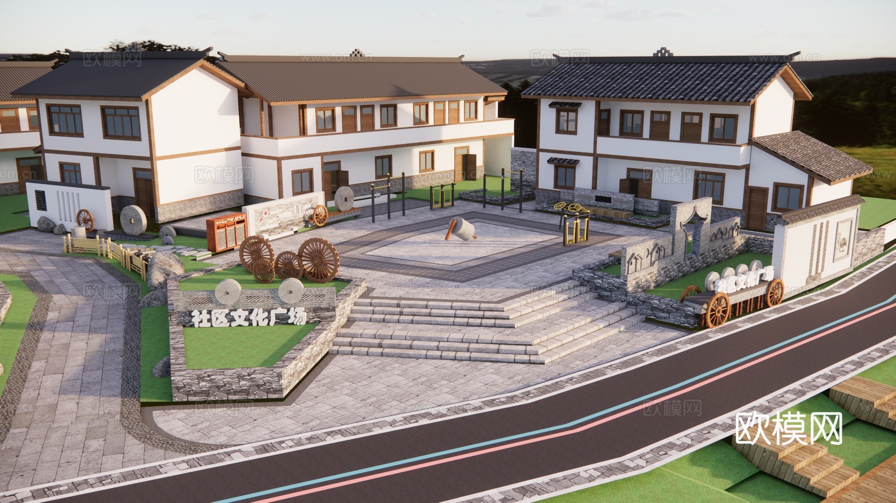 现代社区文化广场美丽乡村广场景观 乡村文化建设 健身运动中心su模型