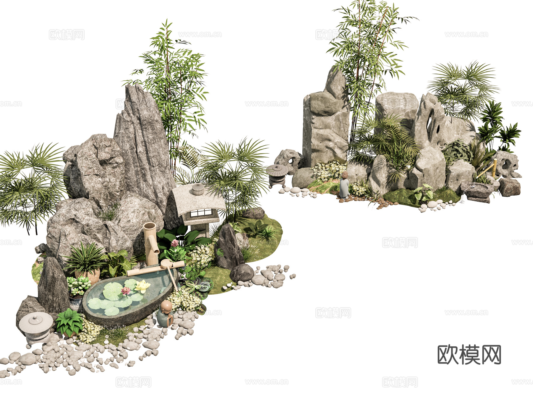 新中式现代假山 新中式庭院石头 庭院石头造景小品 石头岩石su模型