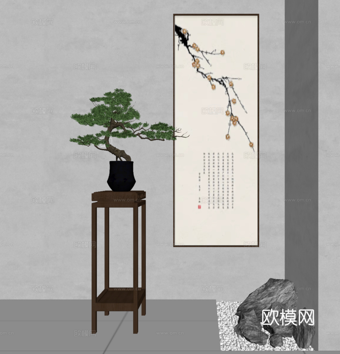 新中式挂画 盆栽 绿植su模型