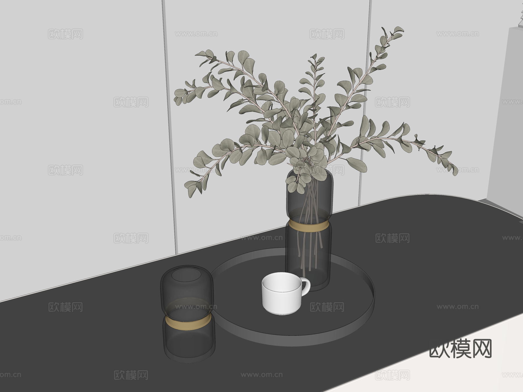 装饰绿植 花瓶绿植摆件 茶盘摆件 水杯su模型
