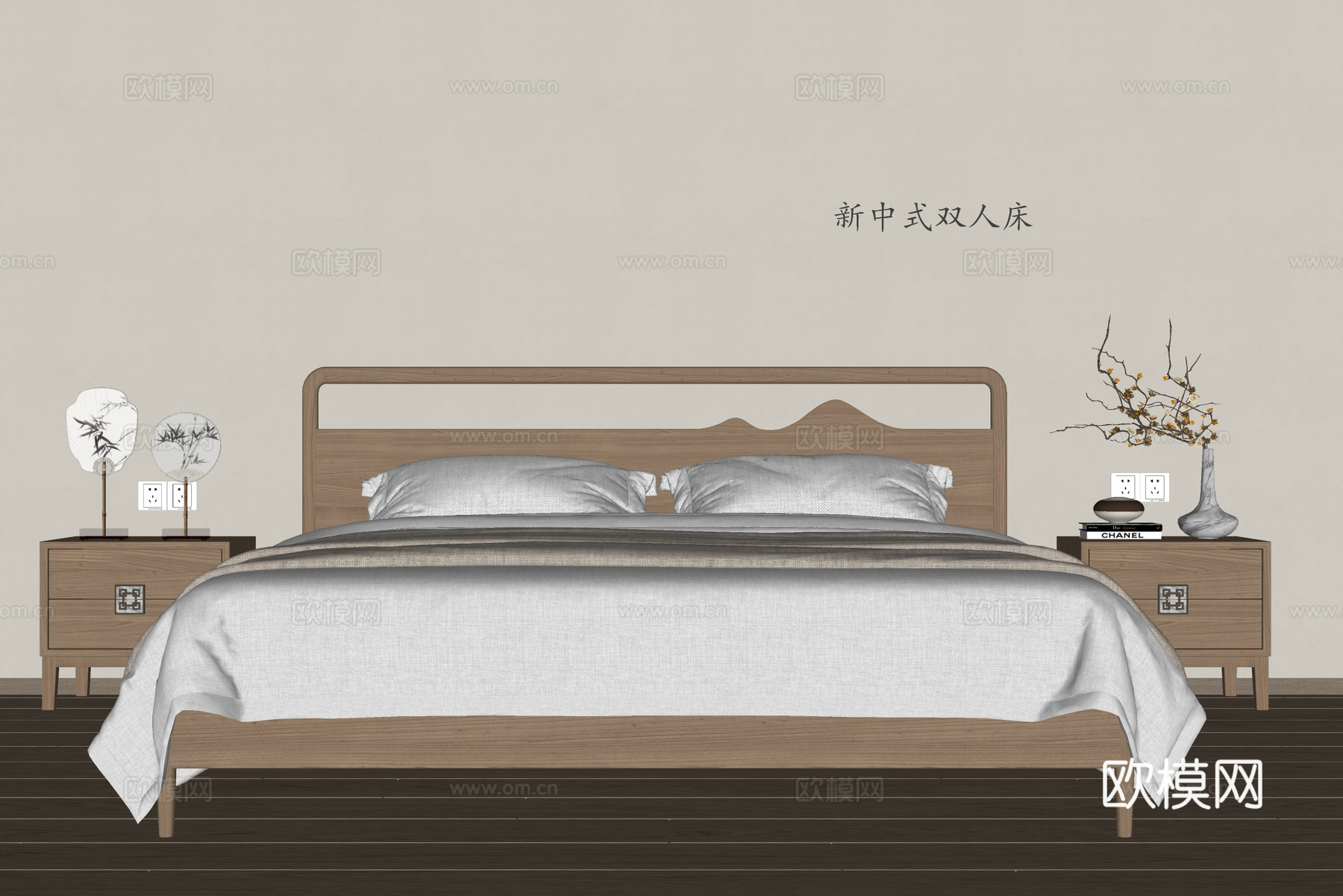 新中式双人床su模型