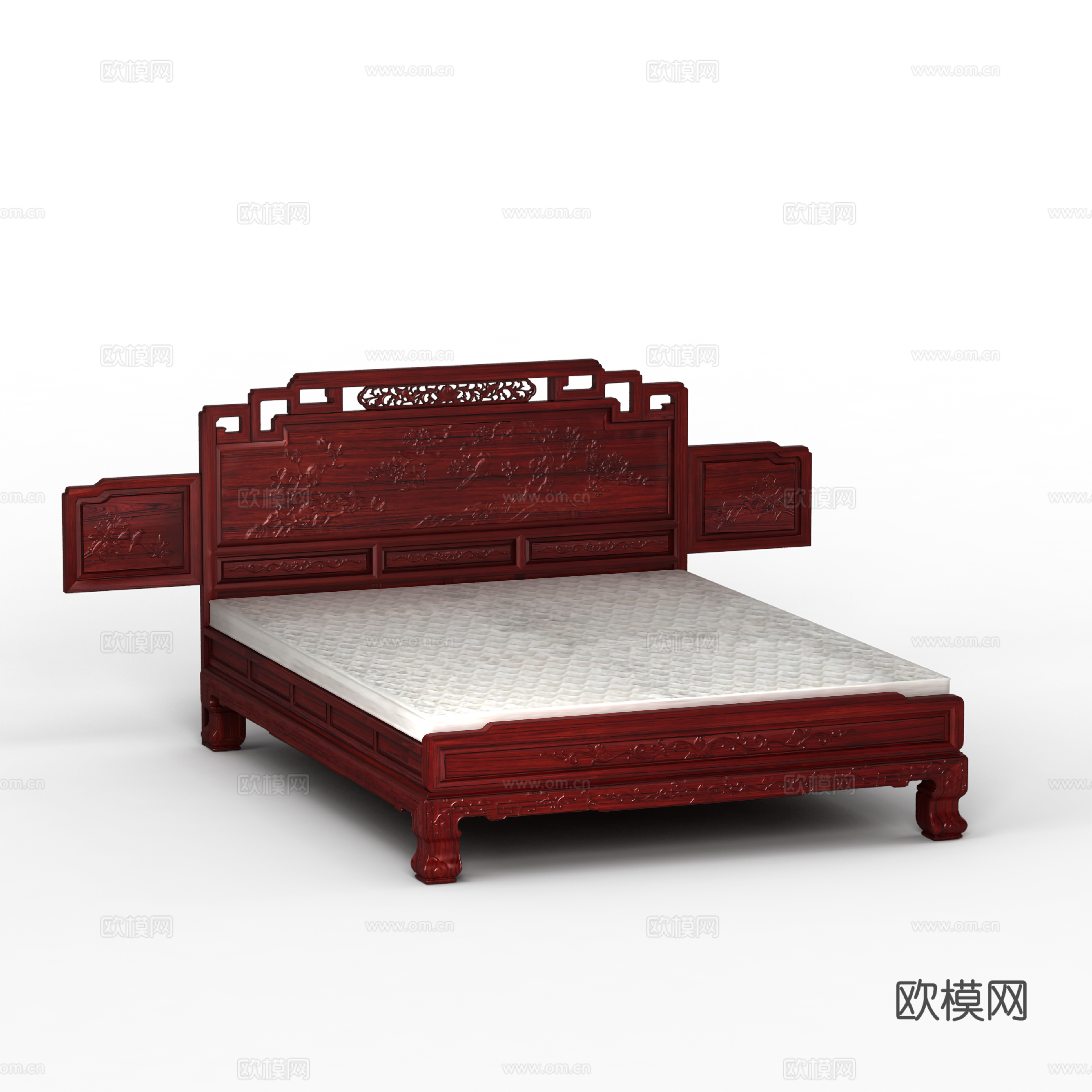中式双人床 雕花床体床头 实木红木3d模型