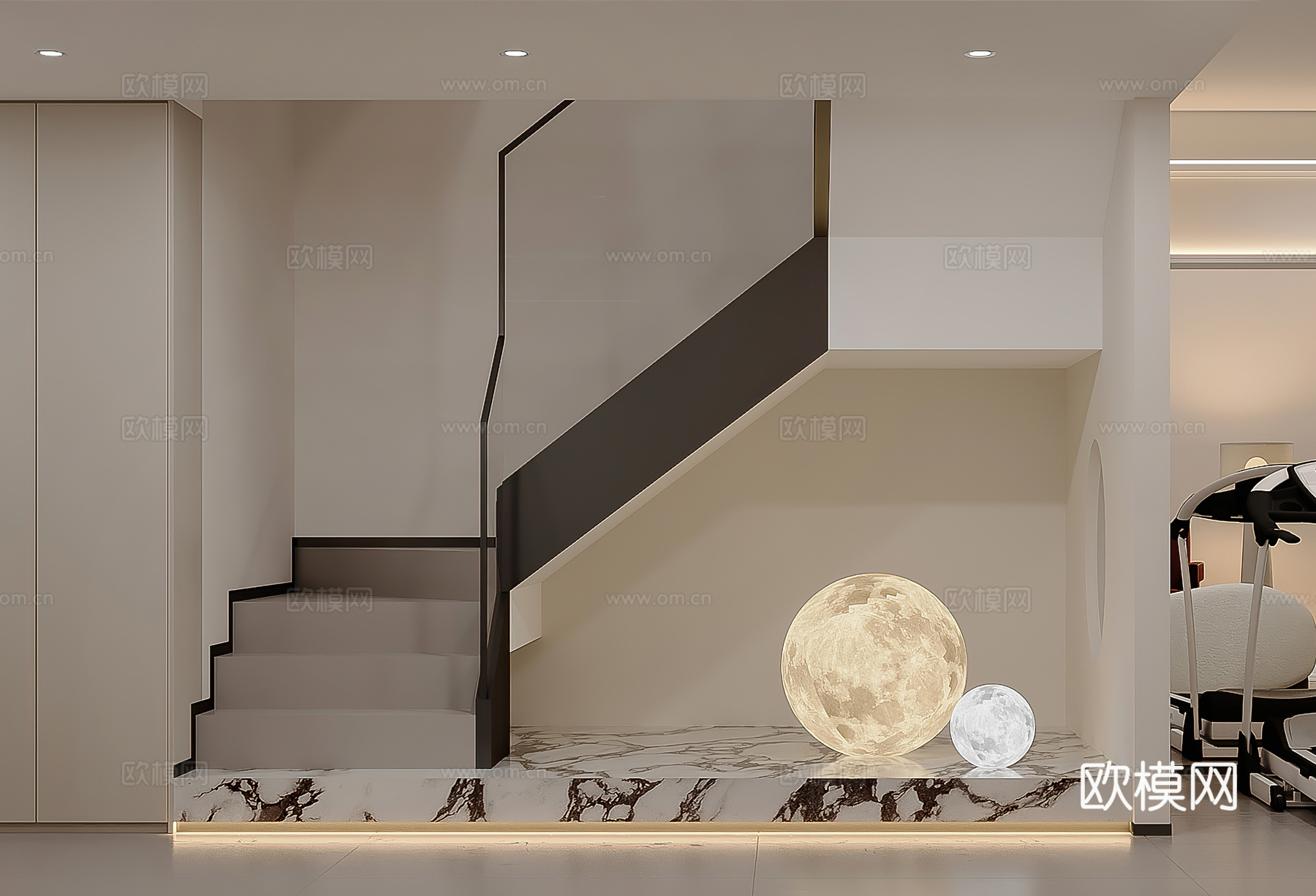 现代楼梯 月球灯 地灯 端景 对景墙 梯下 玄关 过道 意式3d模型