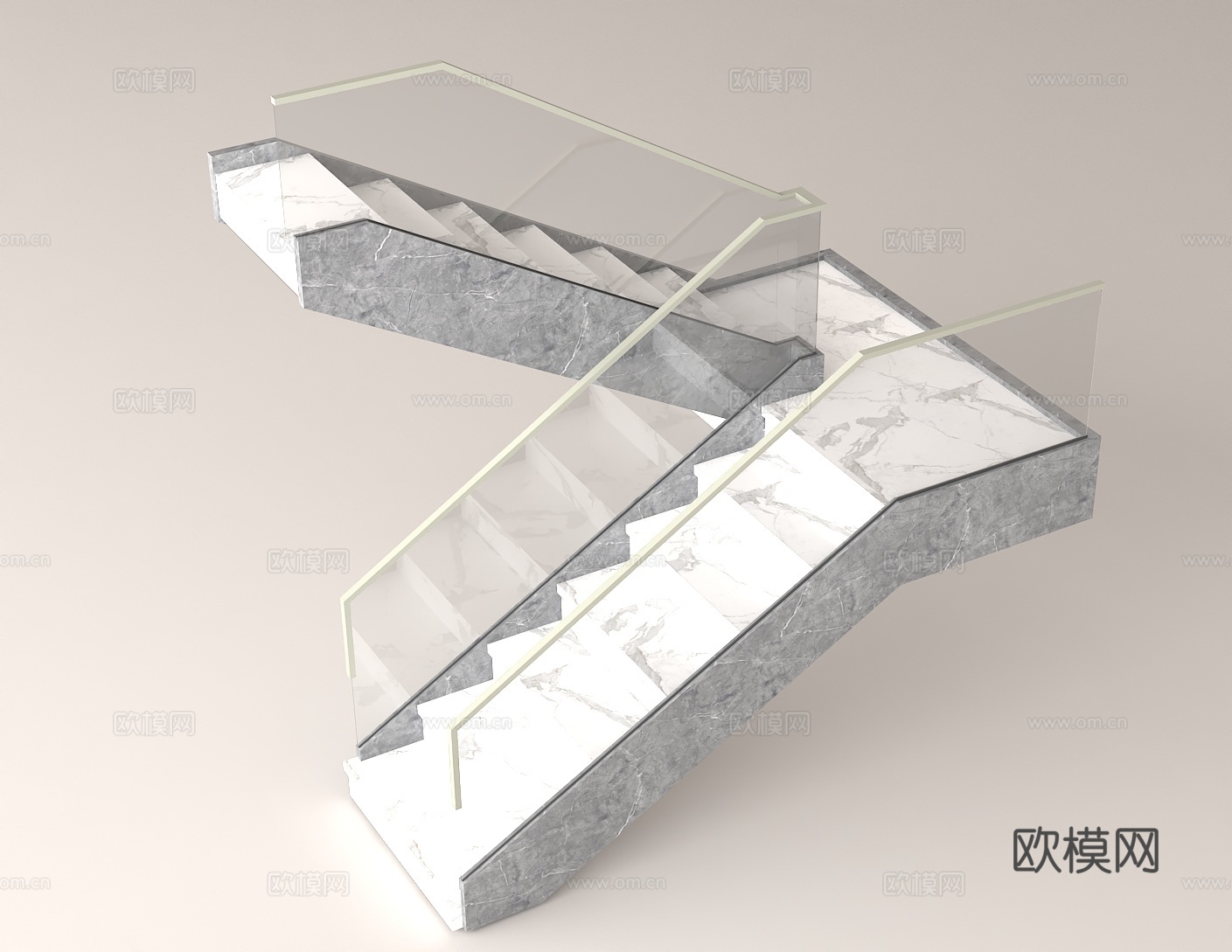 现代楼梯设计 大理石台阶 金属边框护栏  高端住宅设计3d模型