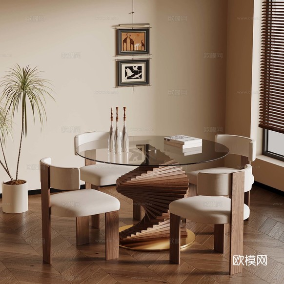 中古风圆餐桌 餐椅su模型下载(渲染图1)