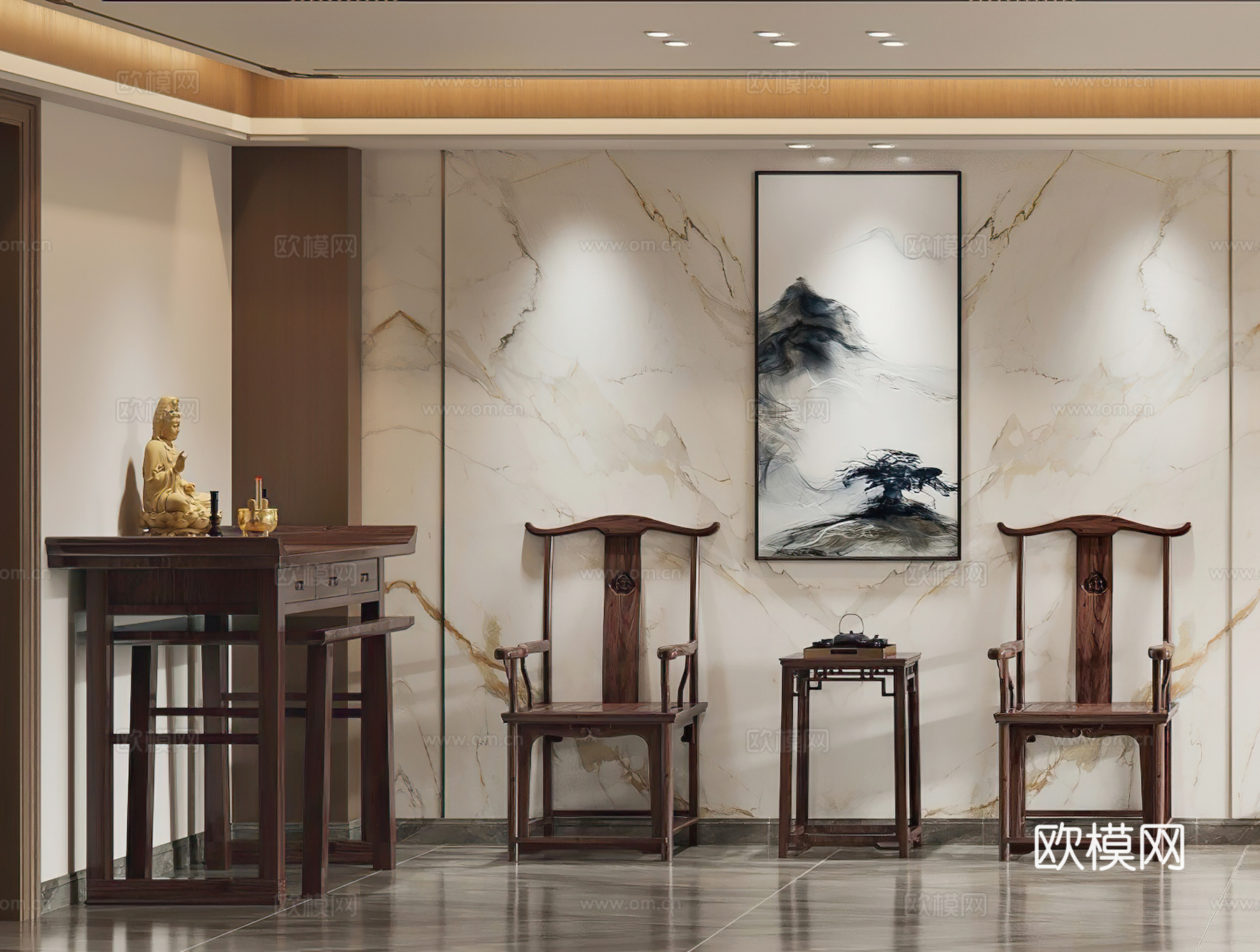 新中式神龛 太师椅 观音菩萨 神像 边几 角几 神台3d模型