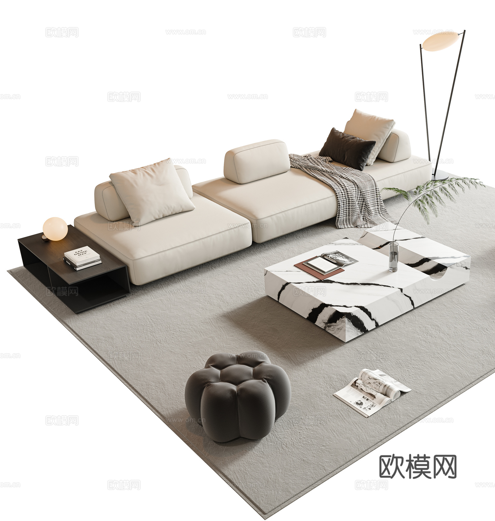 意式沙发茶几组合 多人沙发 组合沙发 直排沙发 大理石茶几3d模型