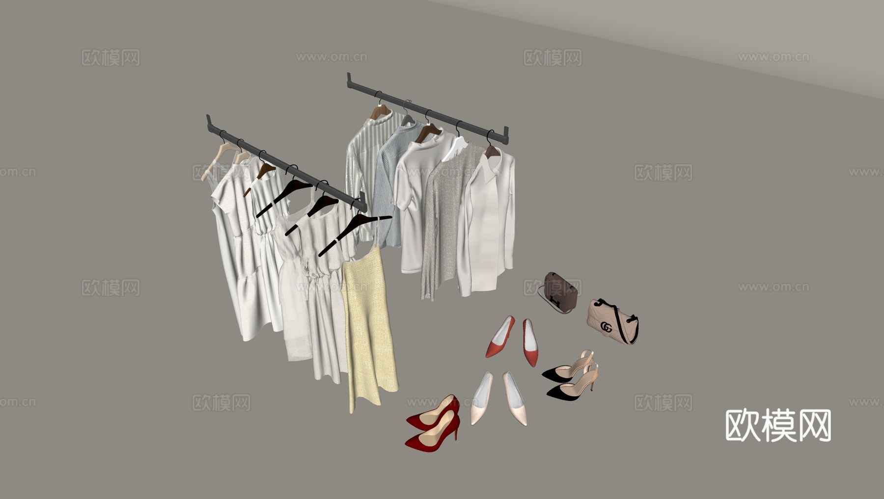 衣服衬衣连衣裙 晾衣挂衣杆衣服撑 高跟鞋皮鞋包包su模型
