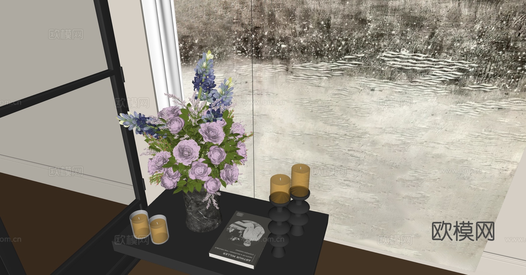 现代花艺 紫色花艺 鲜花花艺 假花永生花 售楼部花艺摆件su模型