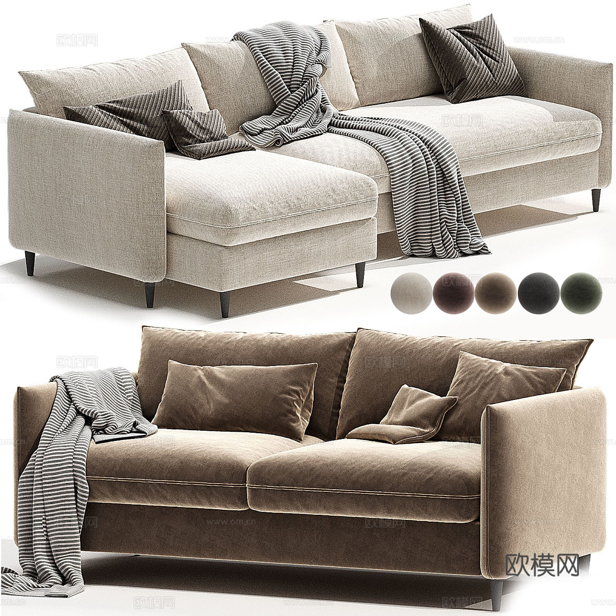 现代意式布艺休闲沙发3d模型下载（渲染图1）