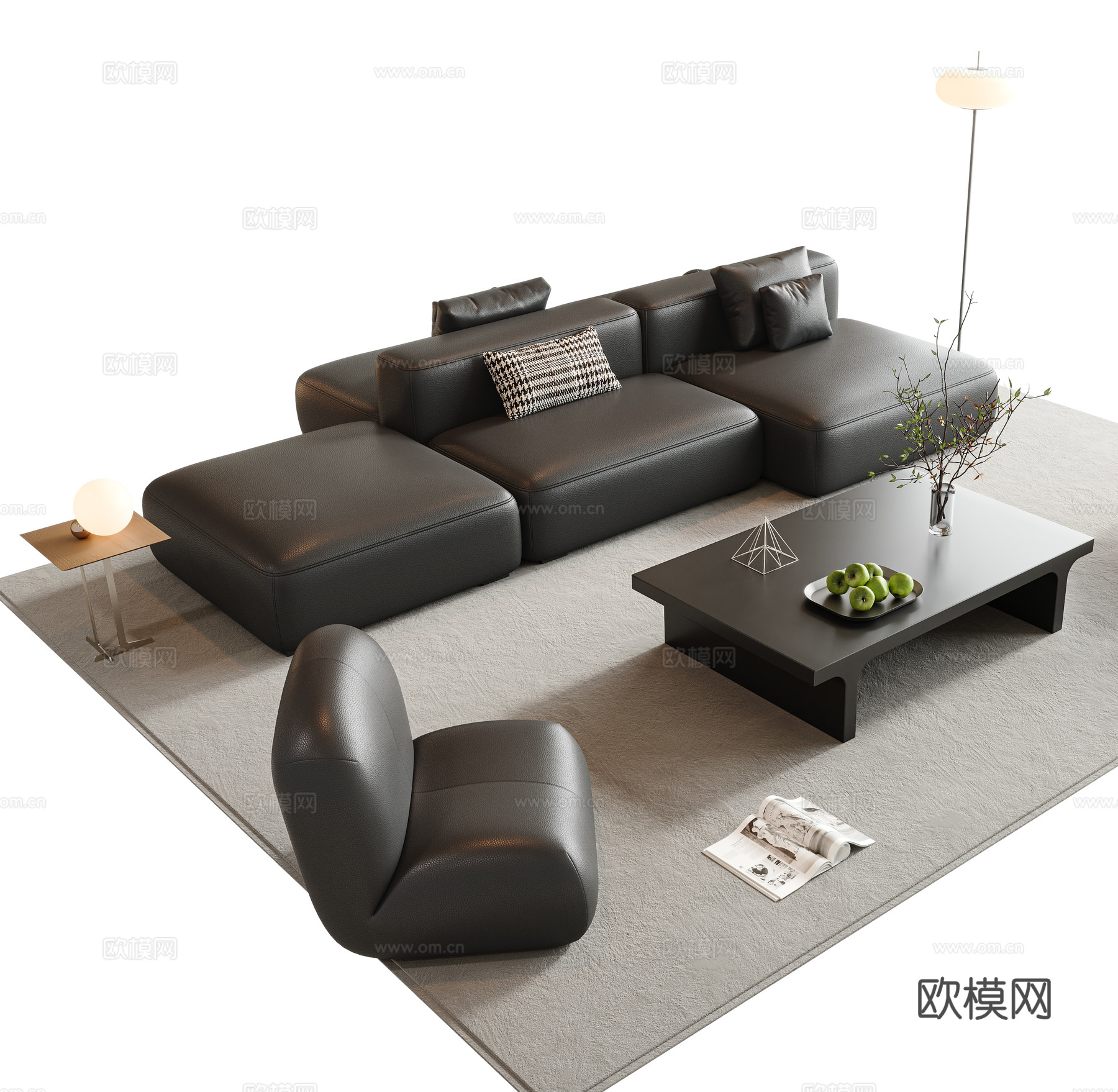 意式沙发茶几组合 双面沙发 皮艺沙发 多人沙发 组合沙发3d模型
