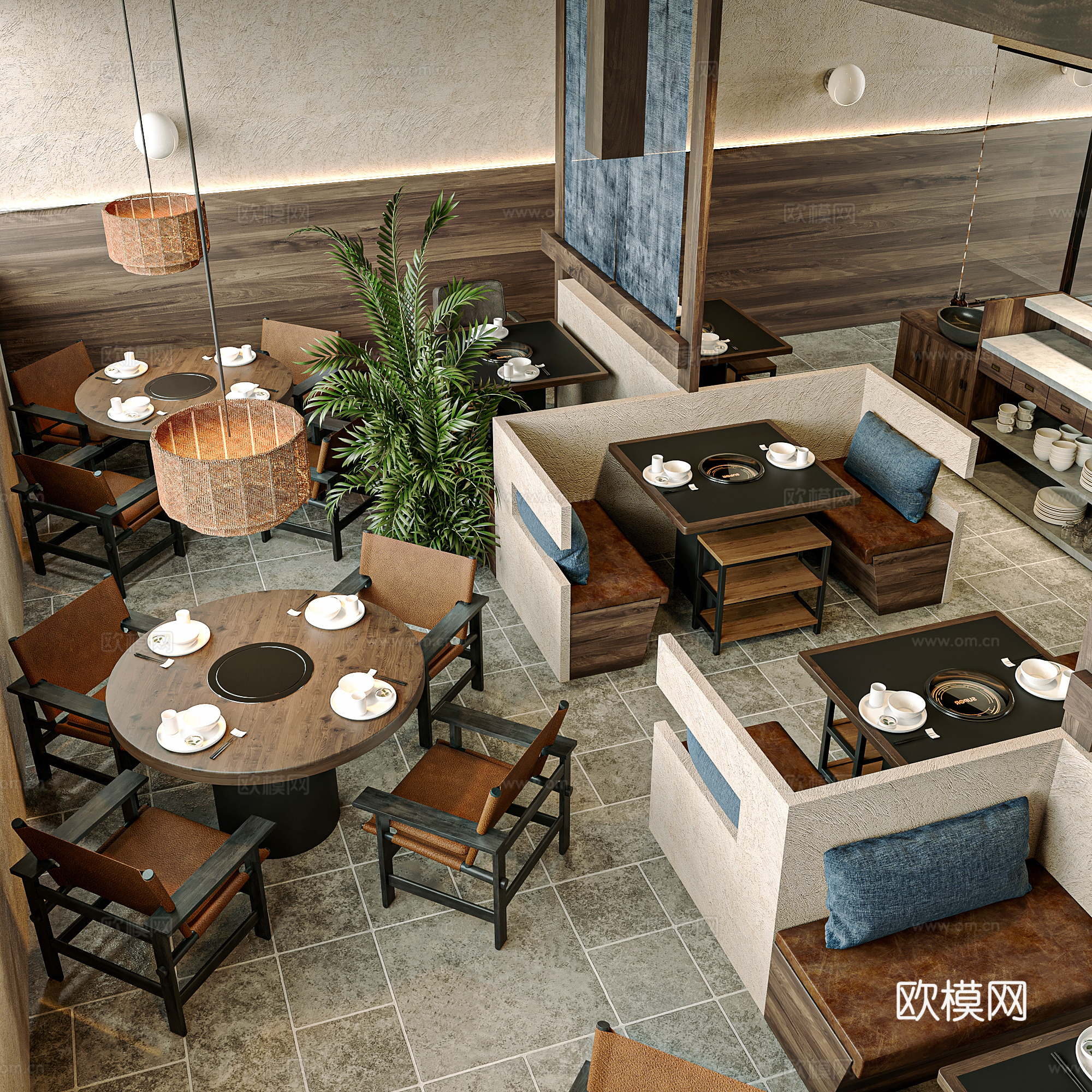 云南野生菌火锅店 侘寂风圆桌椅 莱姆石地su模型