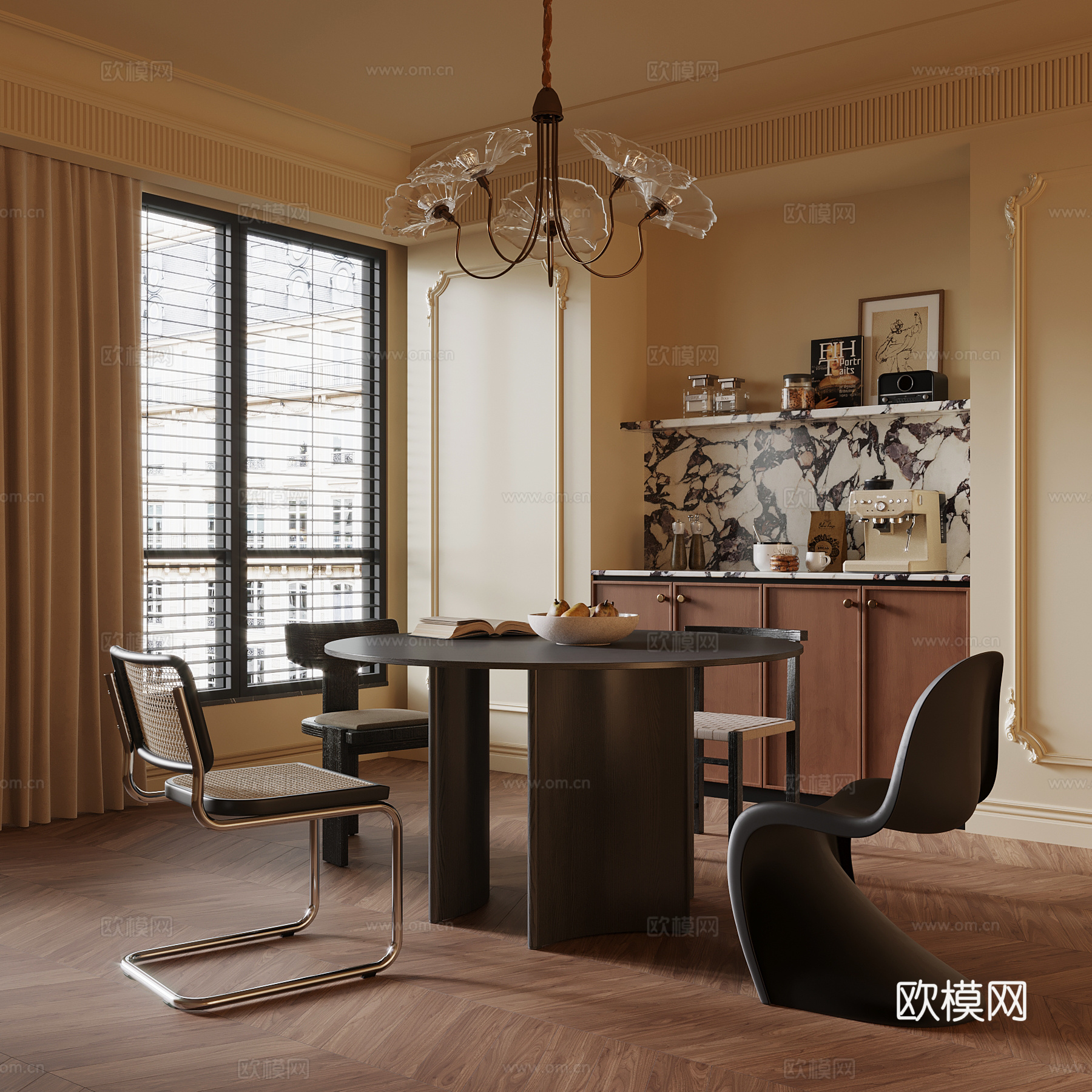 法式餐厅 餐桌椅 吊灯 餐边柜3d模型