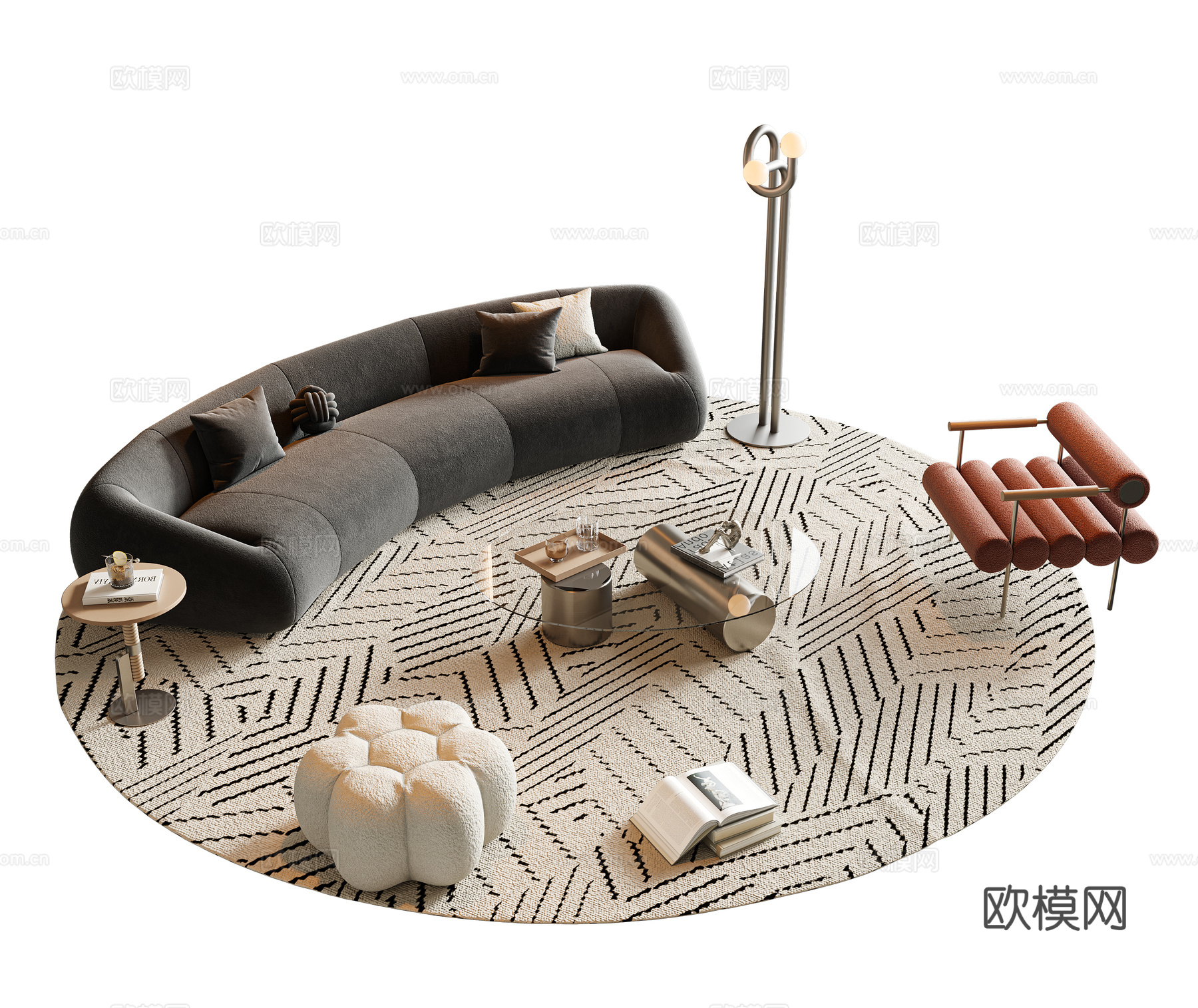 奶油中古风沙发茶几组合 弧形沙发 多人沙发 布艺沙发 茶几su模型