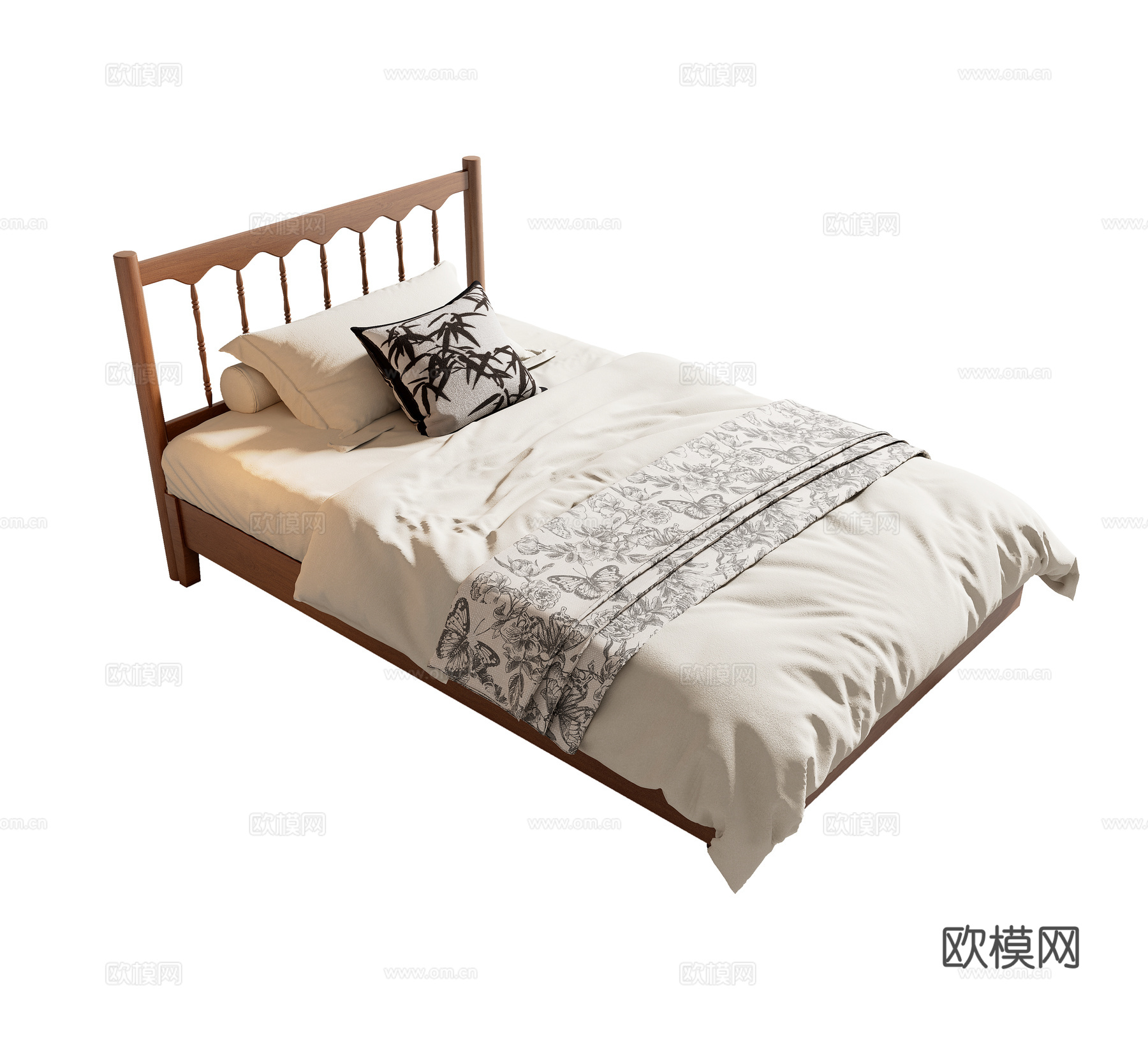 法式中古风单人床 实木单人床 木床 架子床 床品组合su模型