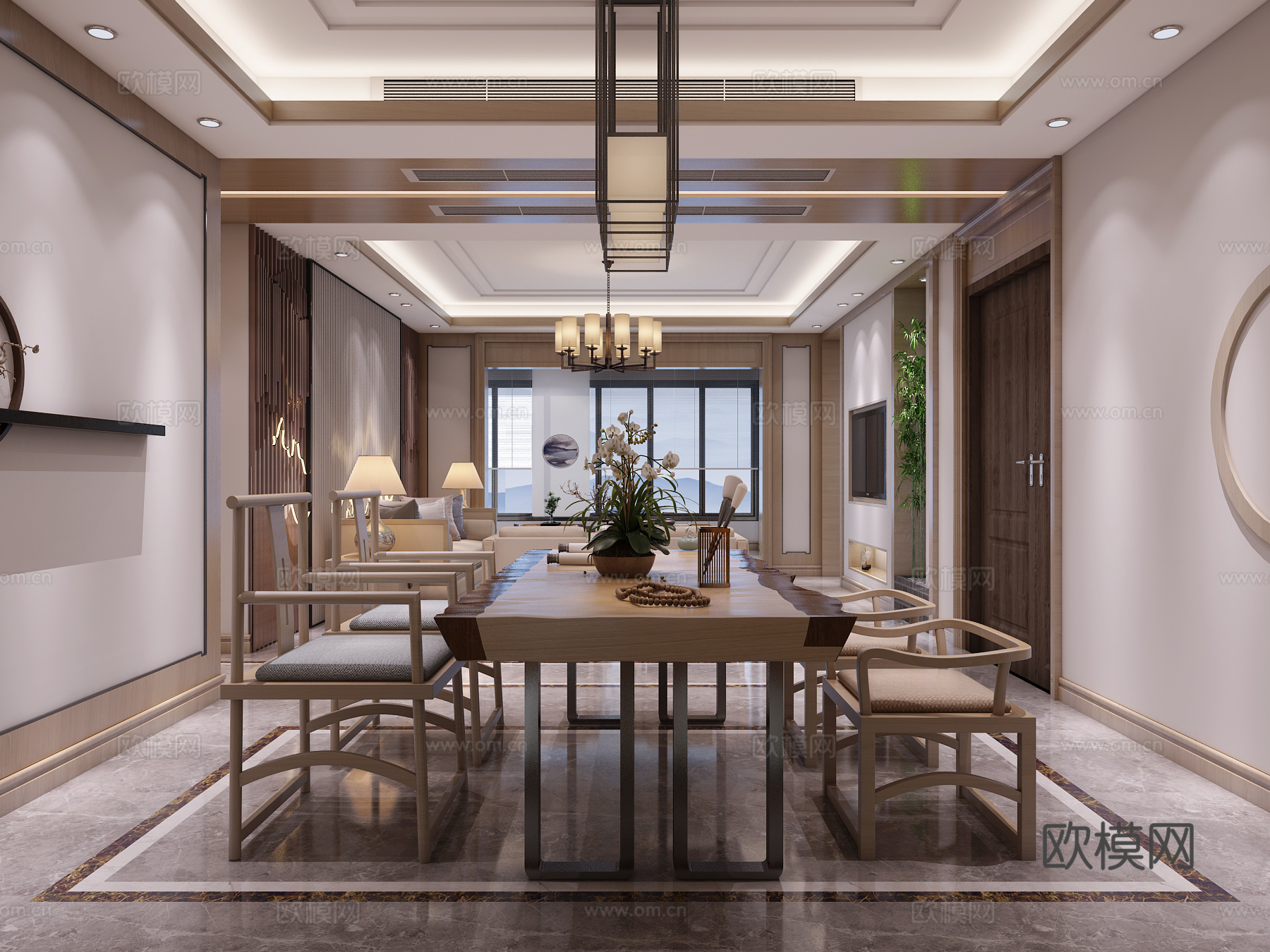 新中式客餐厅 餐桌椅 沙发茶几 吊灯 桌面摆件 挂画3d模型