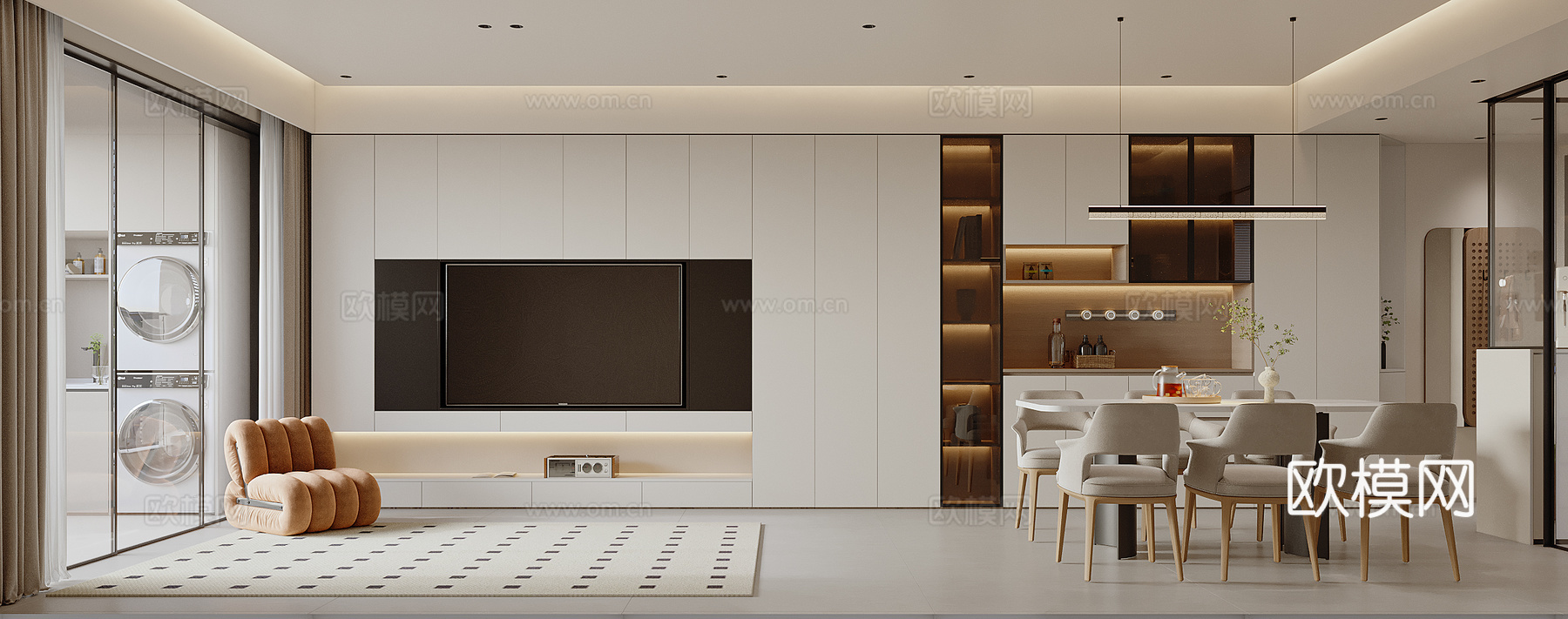 现代奶油客餐厅厨房3d模型