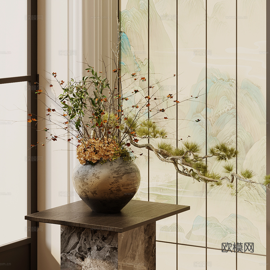 新中式禅意花艺 客厅花瓶摆件 陶瓷花瓶 假花永生花花艺 盆栽su模型