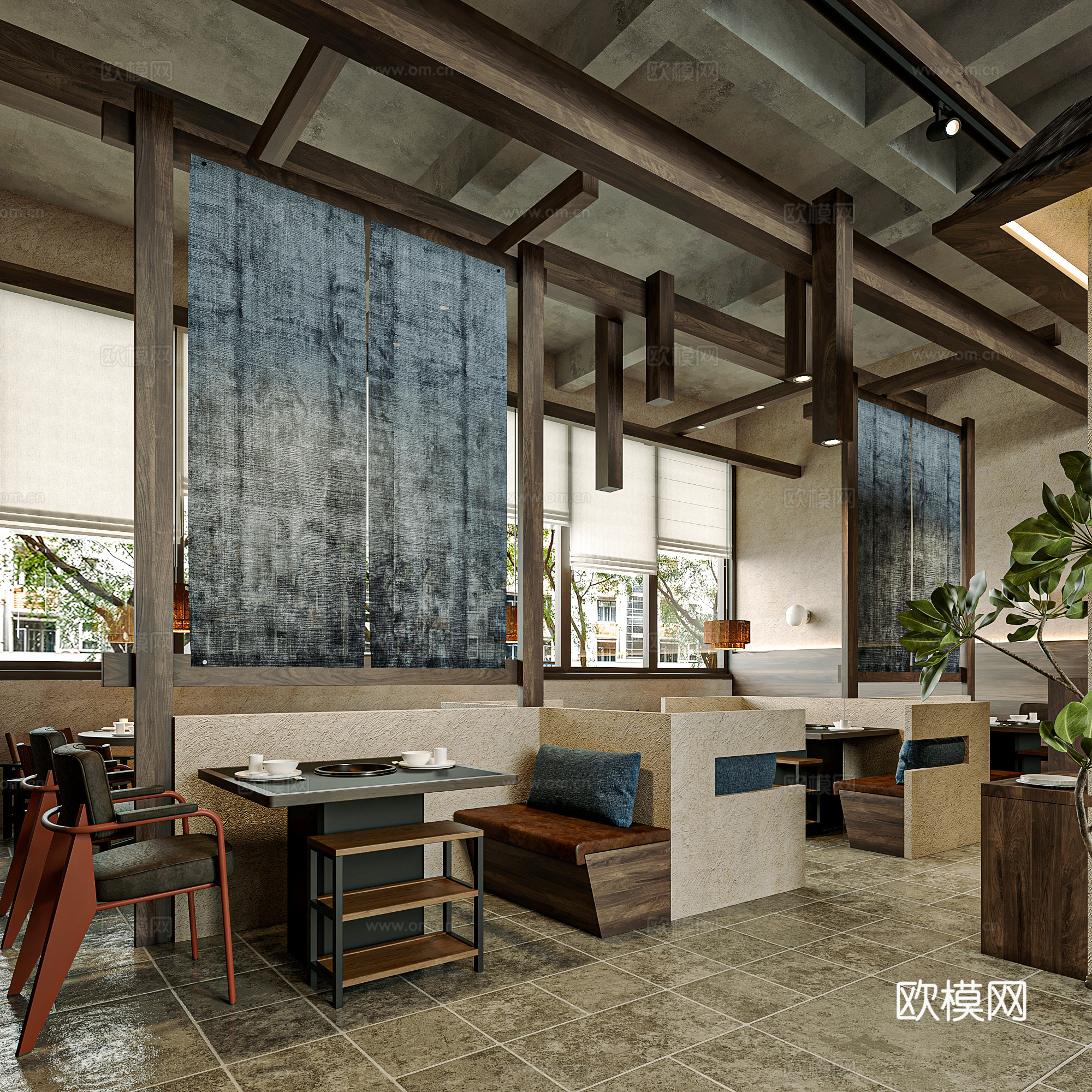 现代云南野生菌火锅店 侘寂风菜馆 圆桌椅 莱姆石地su模型
