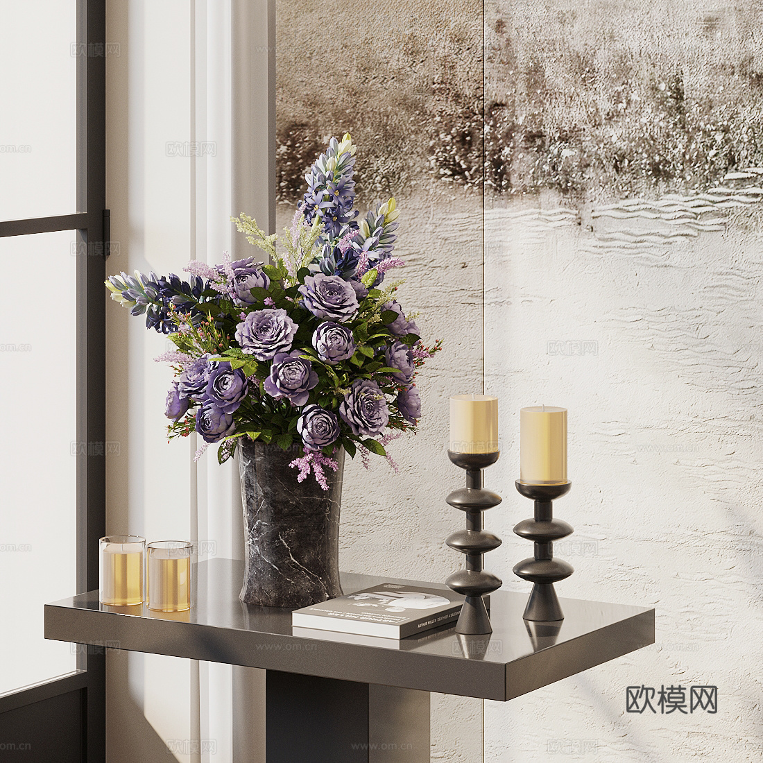 现代花艺 紫色花艺 鲜花花艺 假花永生花 售楼部花艺摆件su模型