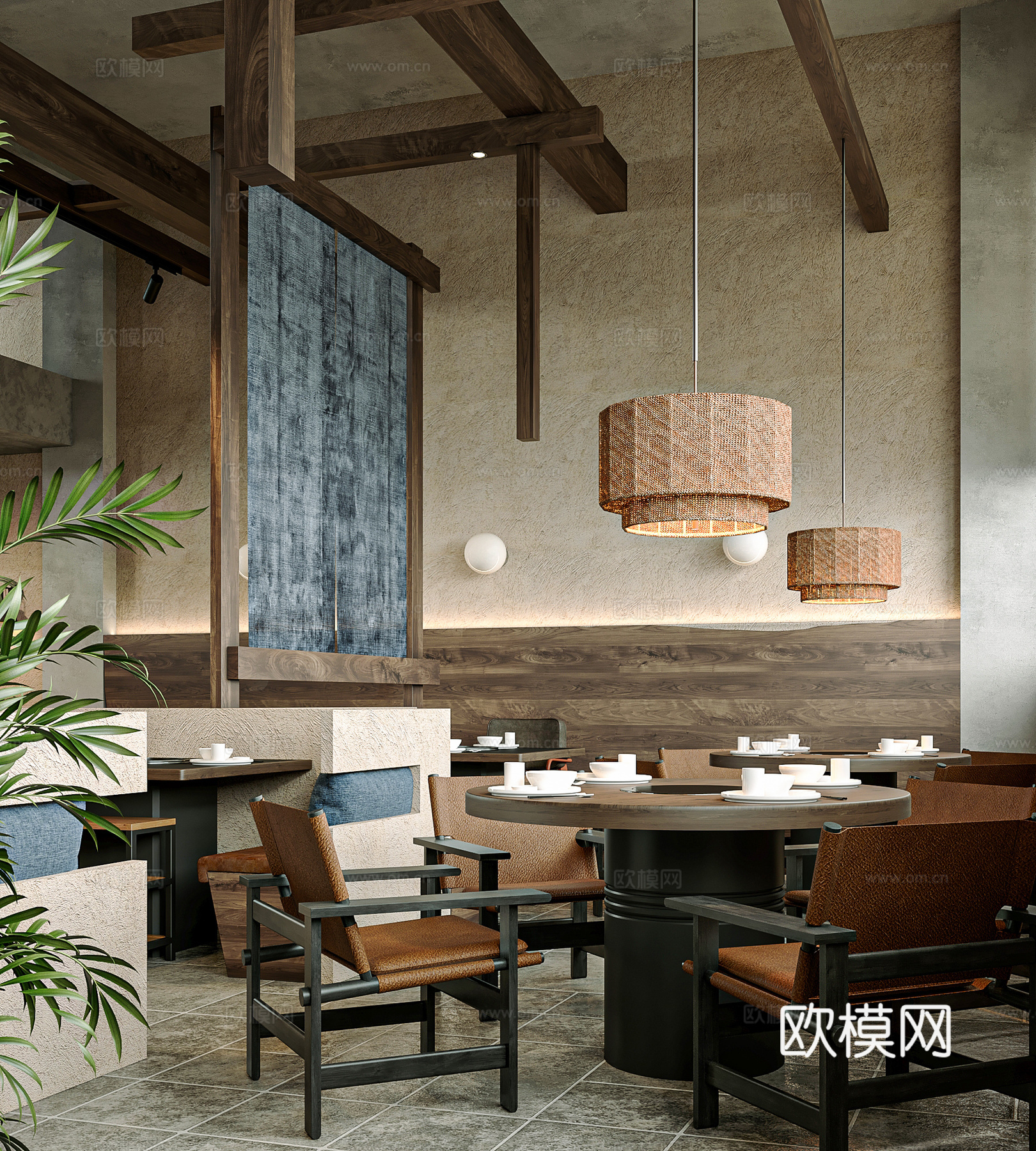 云南野生菌火锅店 侘寂风圆桌椅 莱姆石地su模型