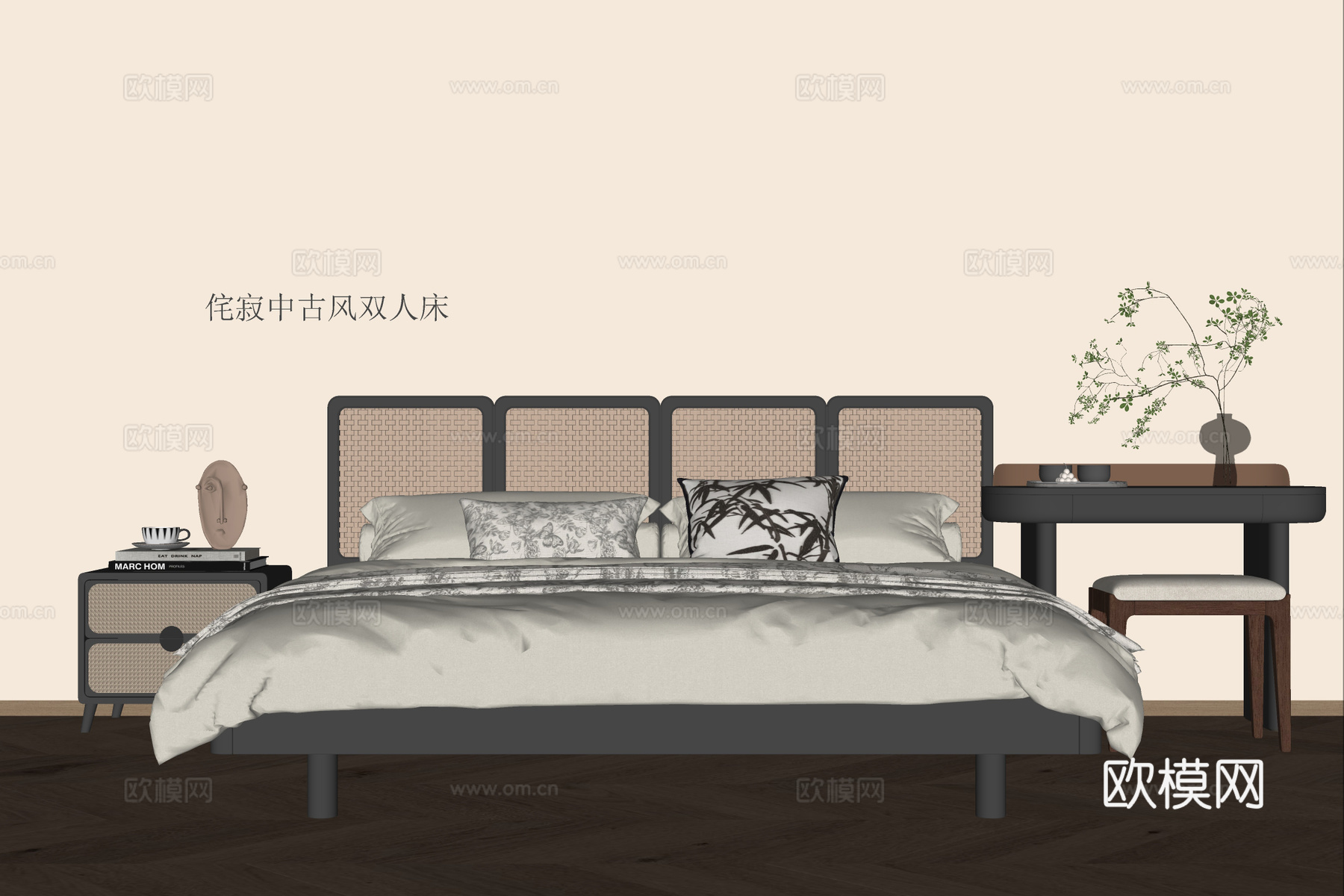 中古风双人床su模型