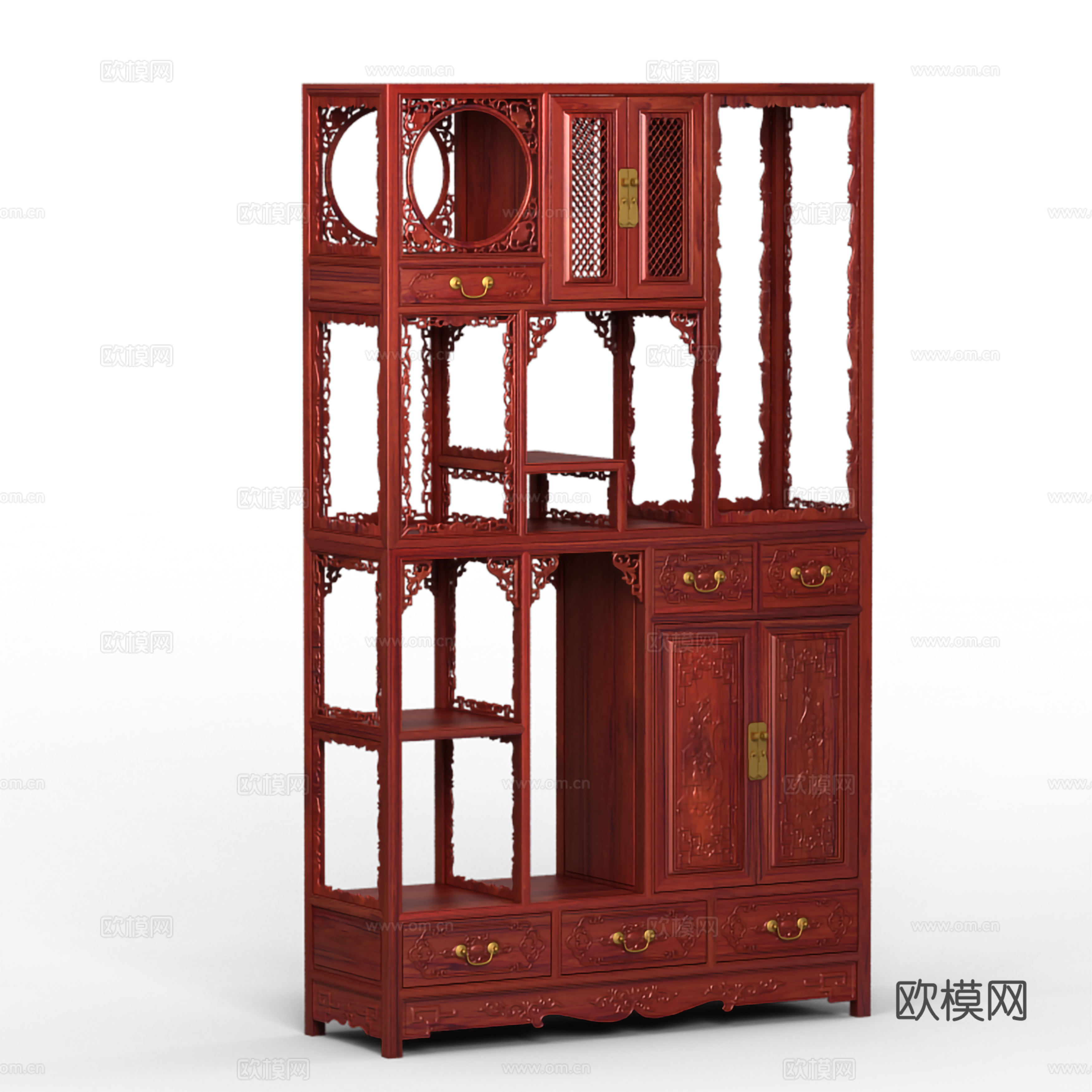中式博古架 雕花柜门 实木红木3d模型