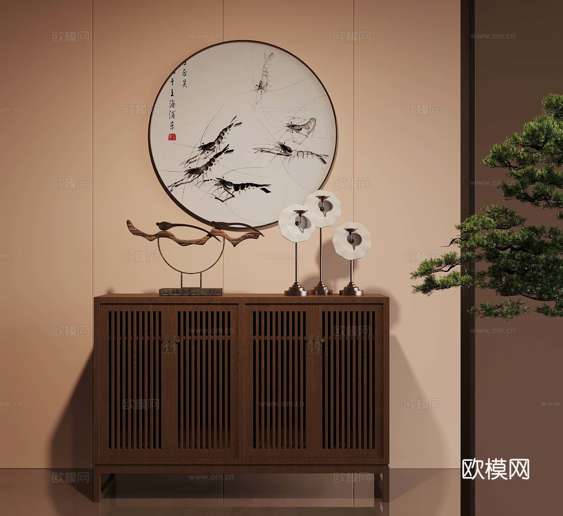 新中式玄关柜 端景柜 端景台 挂画3d模型
