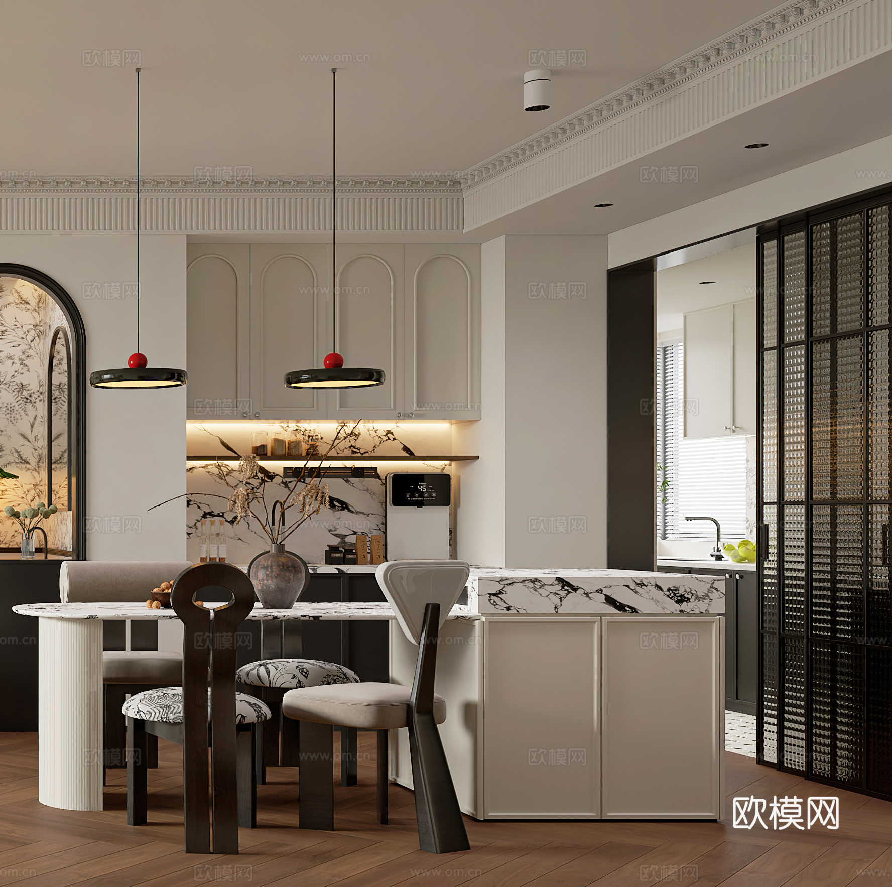 中古风餐厅 法式餐厅 岛台 餐桌 吊灯 酒柜 直饮机 线管机3d模型