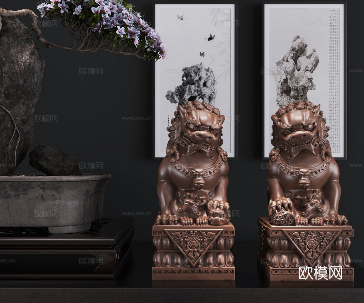 现代新中式子母石狮子雕塑摆件组合3d模型