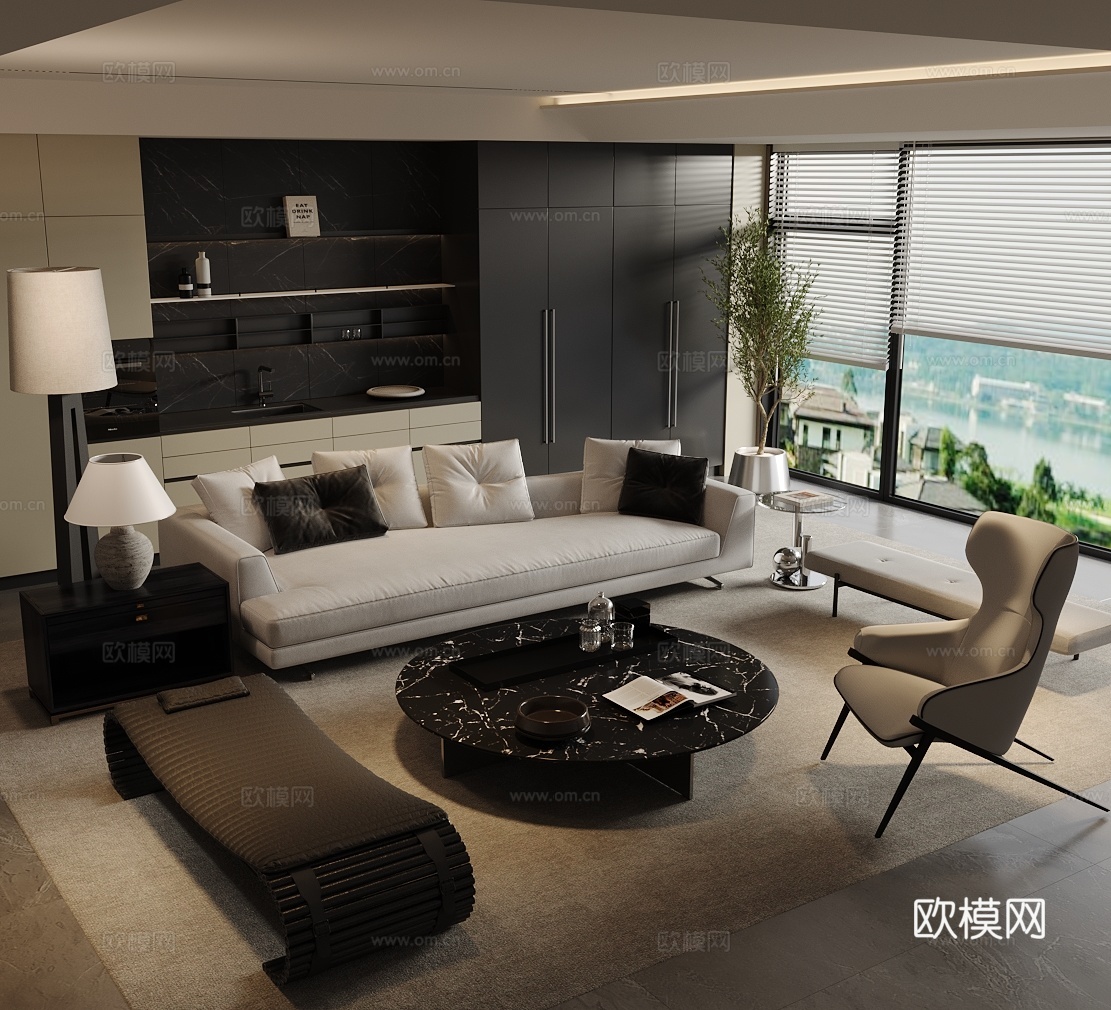现代意式家居客厅 轻奢意式客厅 黑白灰客厅 沙发茶几组合3d模型
