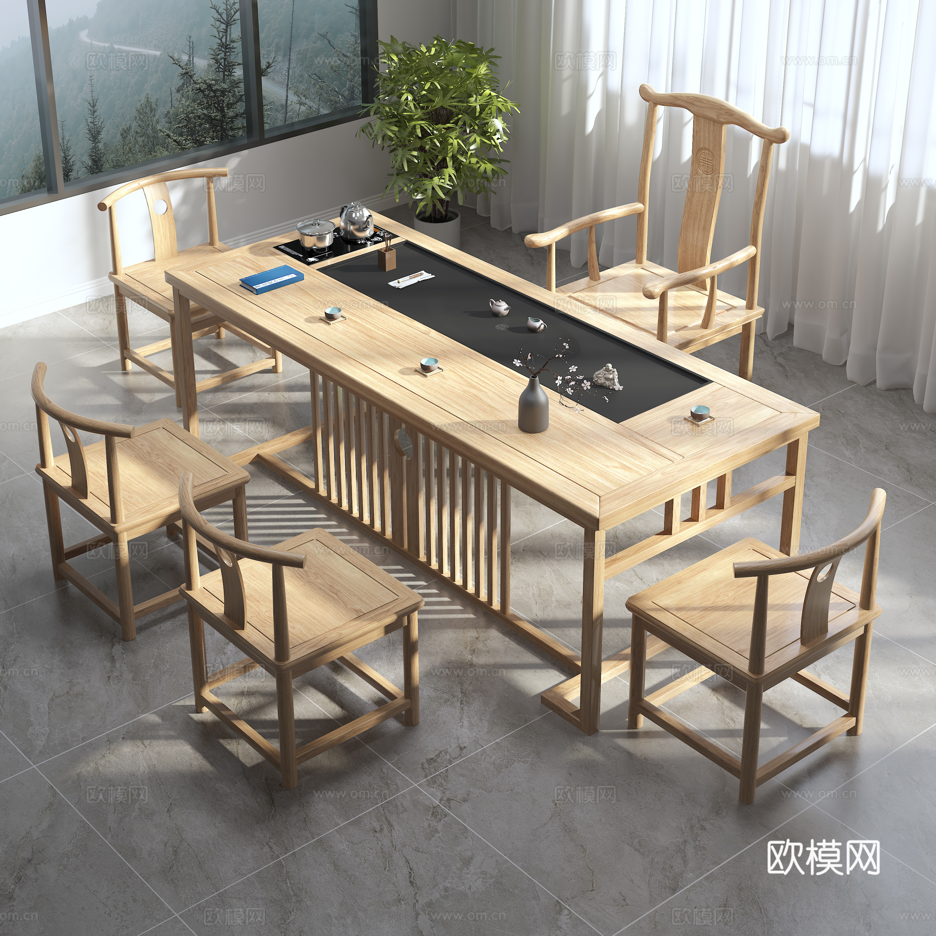 实木茶桌，阳台场景3d模型