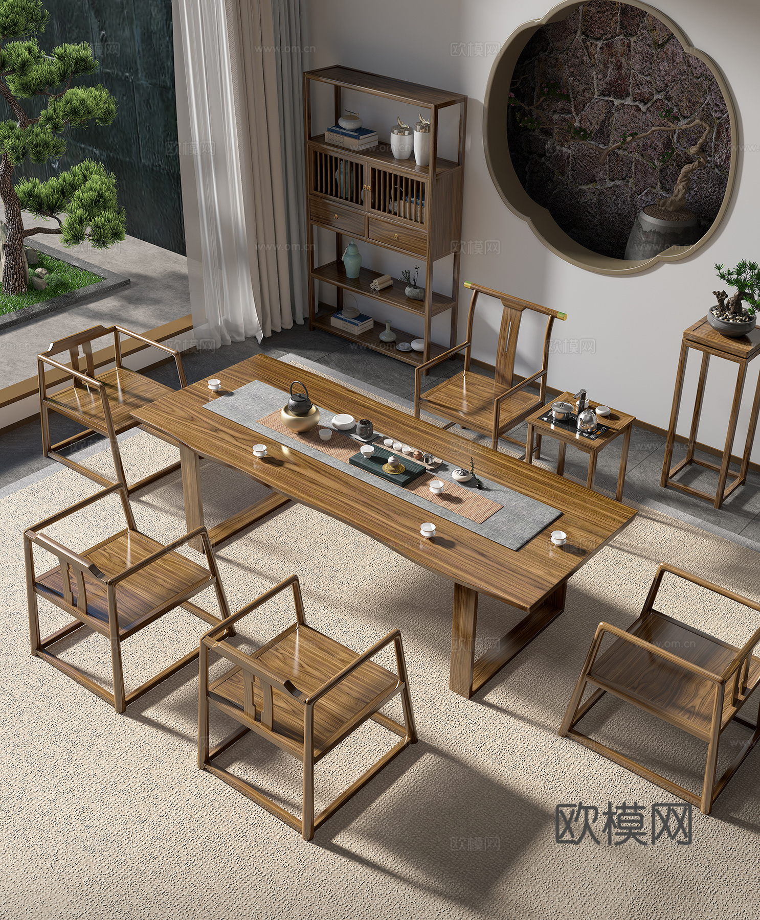 新中式茶空间，茶室，茶桌，3d模型