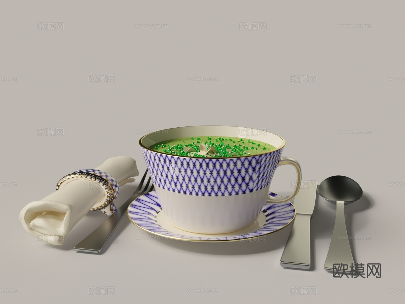 现代瓷器 餐具 汤碗  刀叉 餐巾3d模型