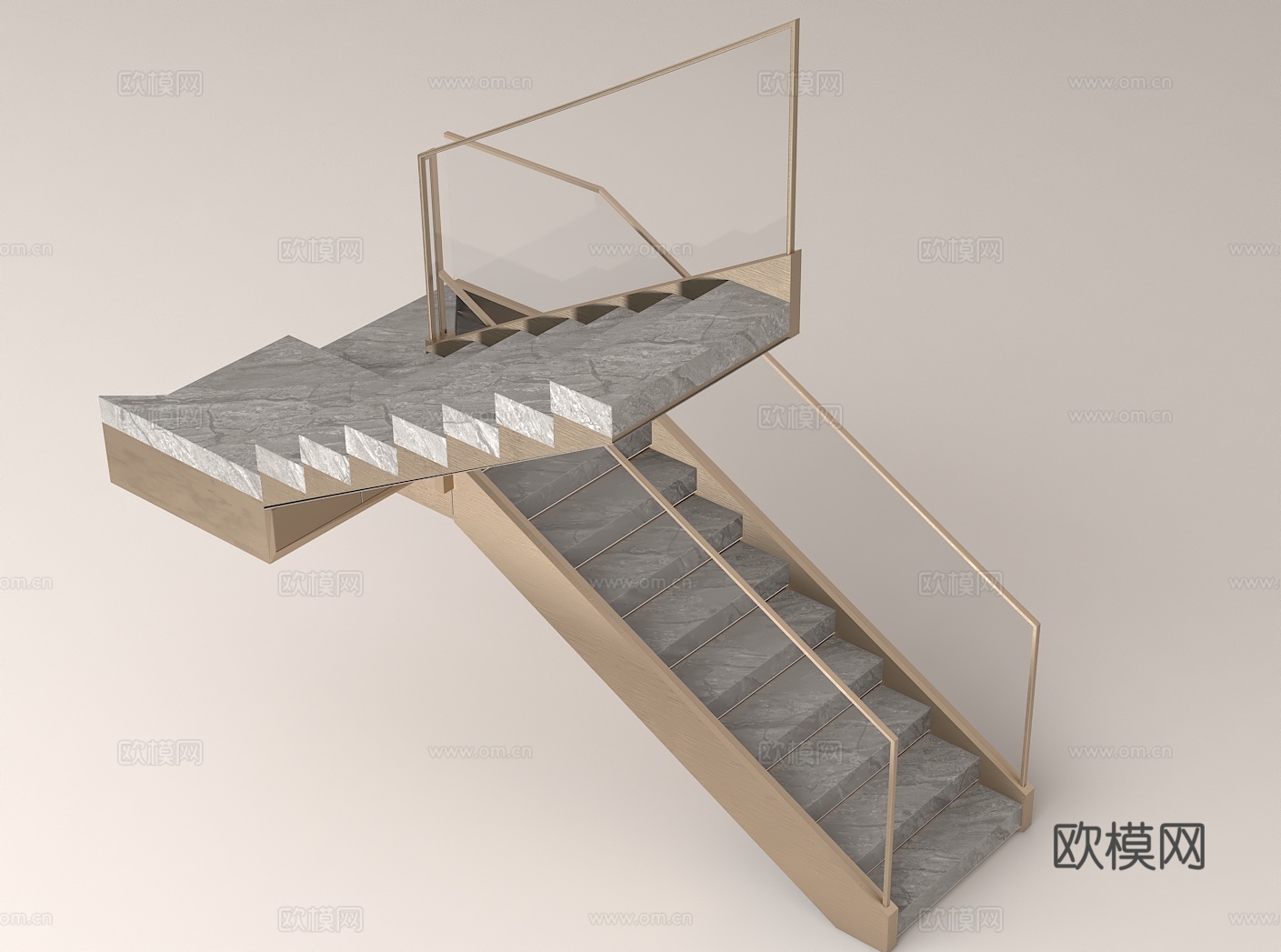 现代楼梯设计 大理石台阶 金属边框护栏 高端住宅设计3d模型