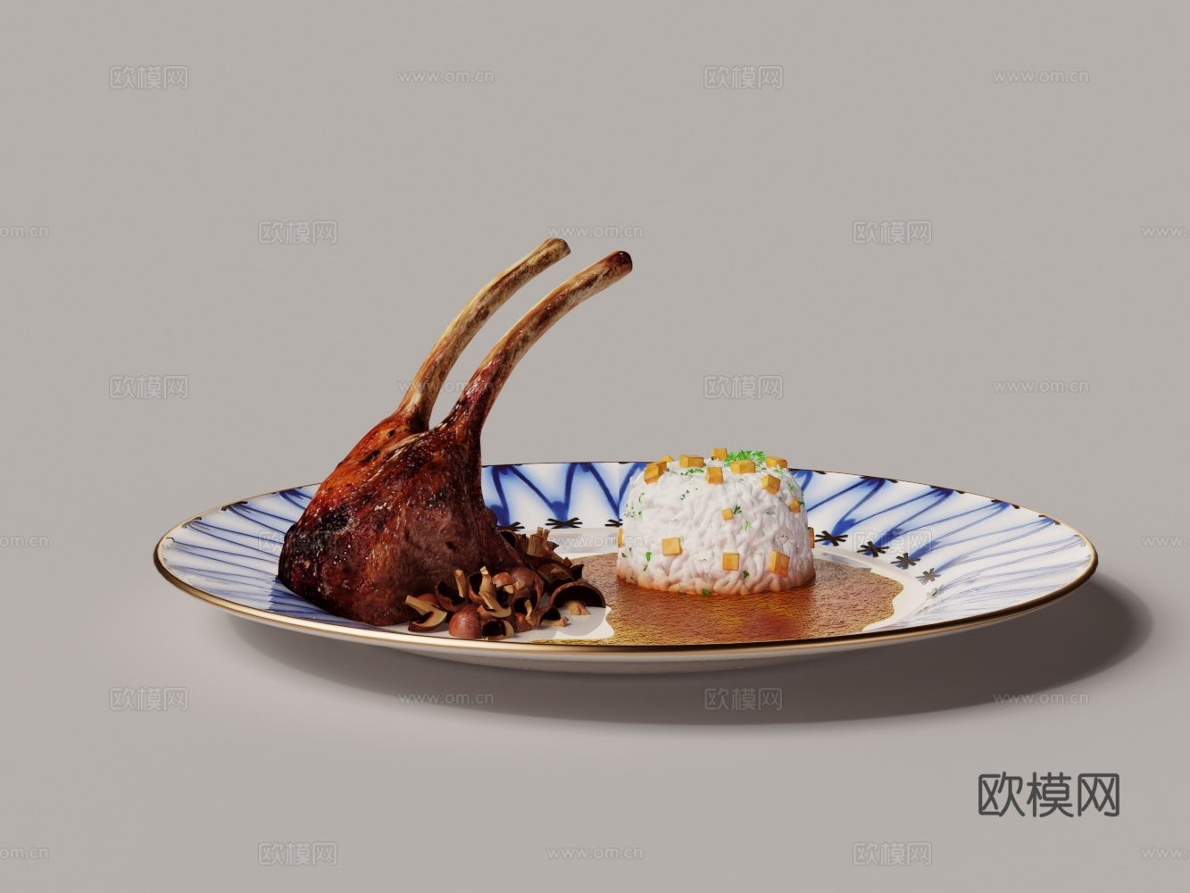 现代餐盘 米饭 羊排3d模型