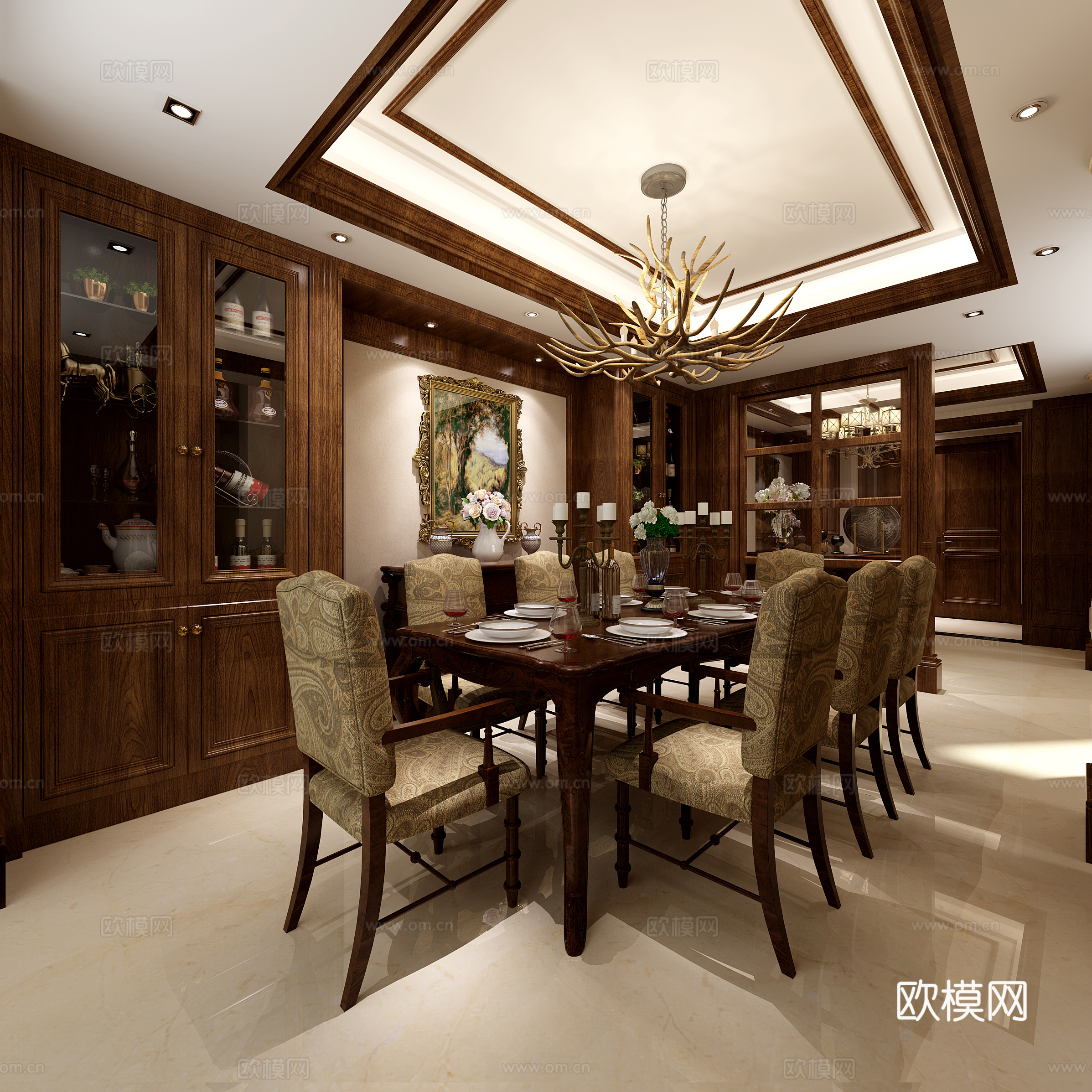 简约欧式客餐厅 餐桌椅 沙发茶几 吊灯 桌面摆件 挂画3d模型