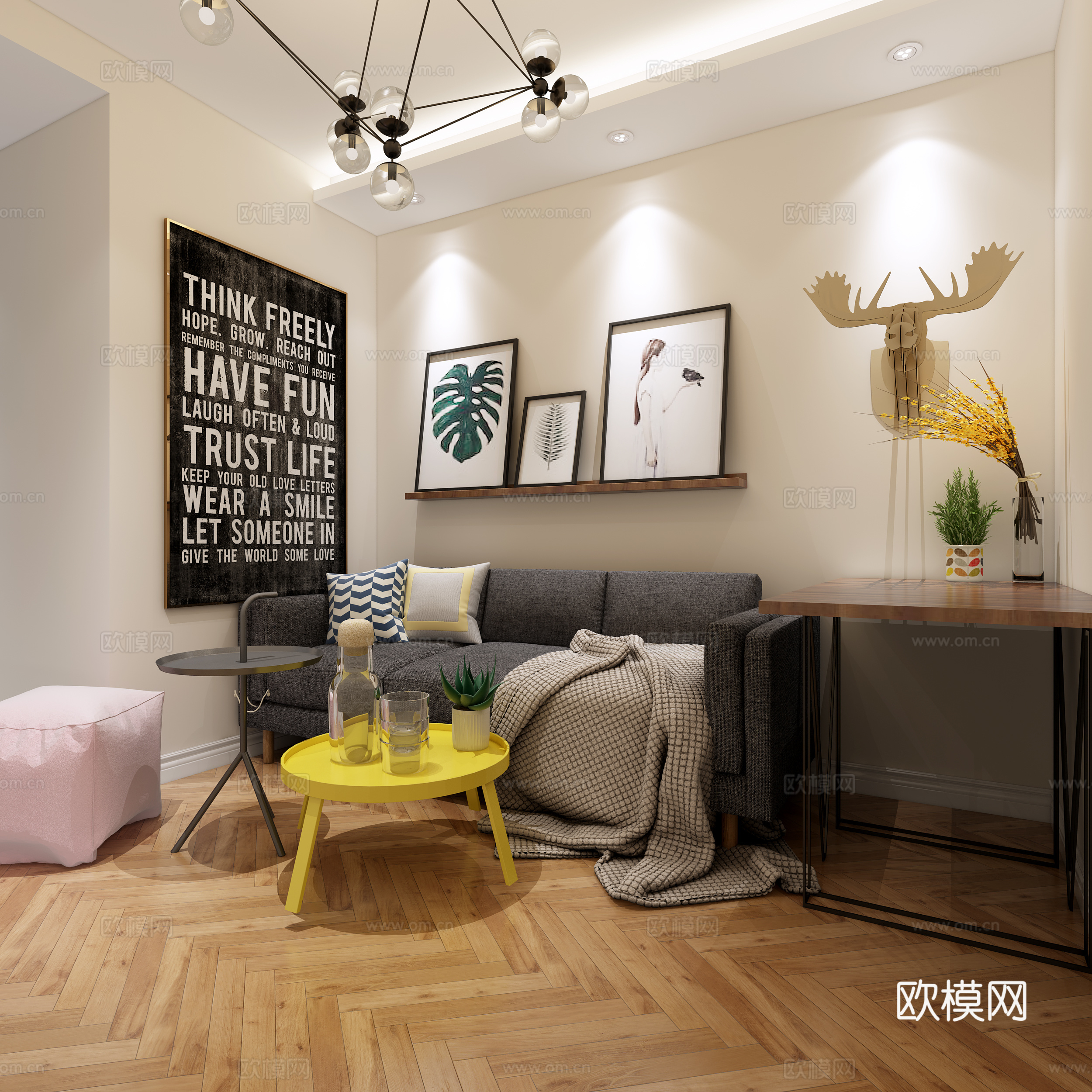 现代客厅 餐桌椅 沙发茶几 吊灯 桌面摆件 挂画3d模型