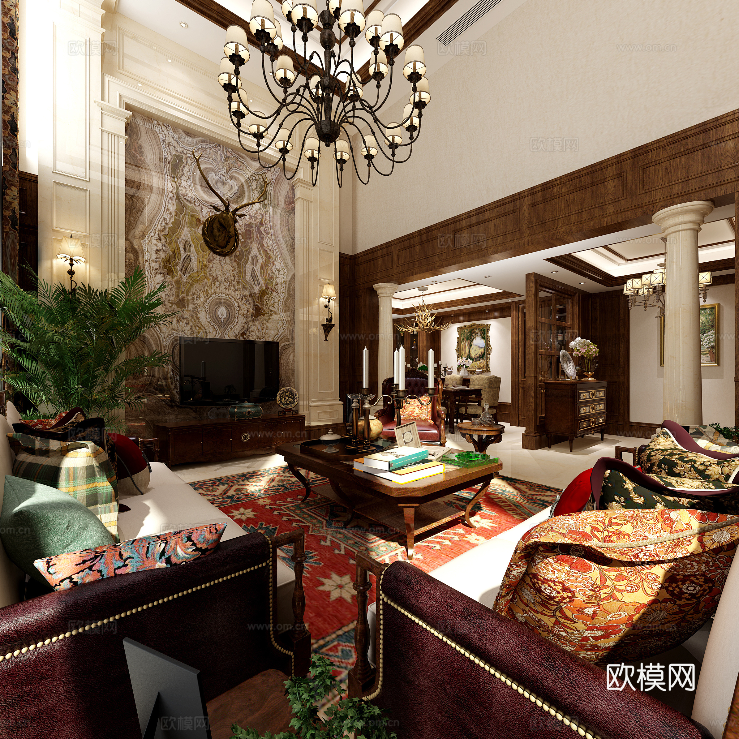 简约欧式客餐厅 餐桌椅 沙发茶几 吊灯 桌面摆件 挂画3d模型