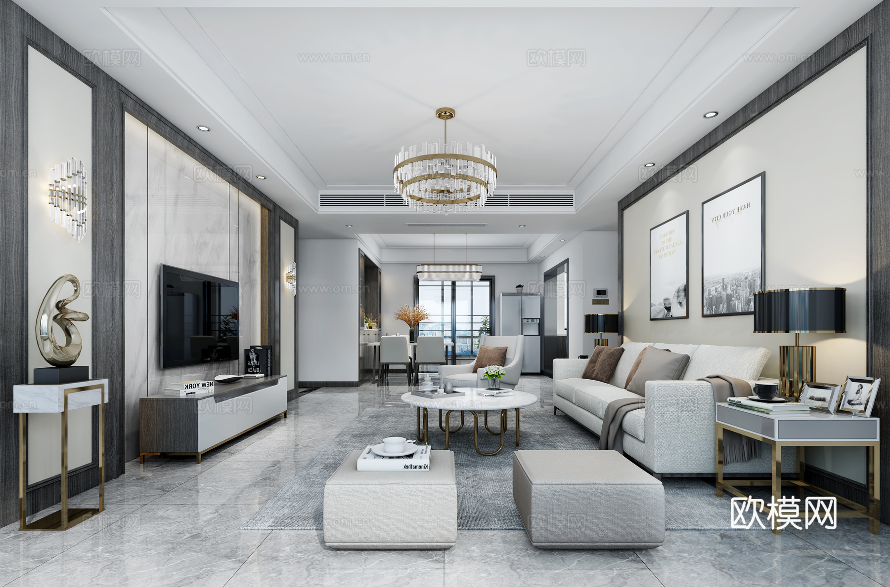 现代黑白灰客厅 餐桌椅 沙发茶几 吊灯 桌面摆件 挂画3d模型