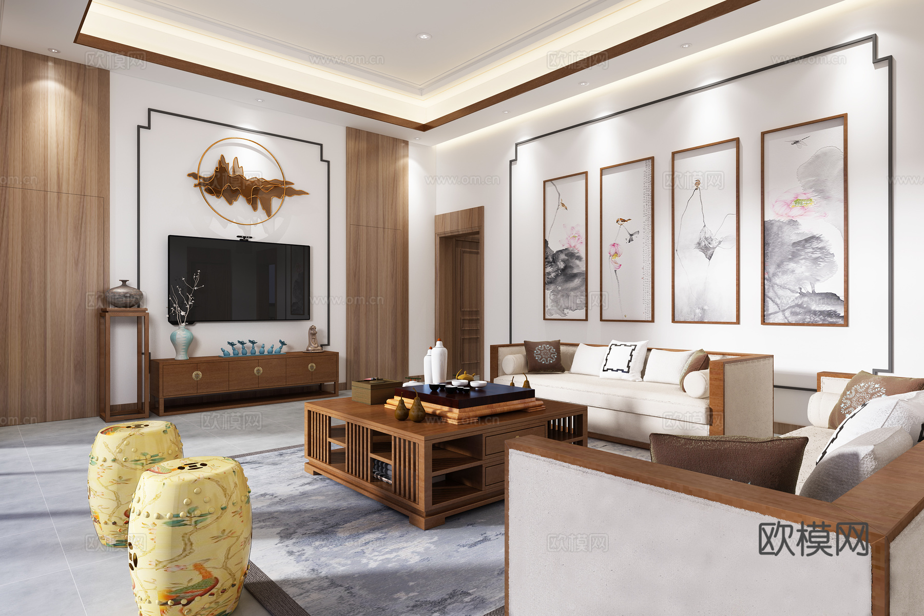 新中式客厅 沙发茶几 吊灯 桌面摆件 挂画3d模型