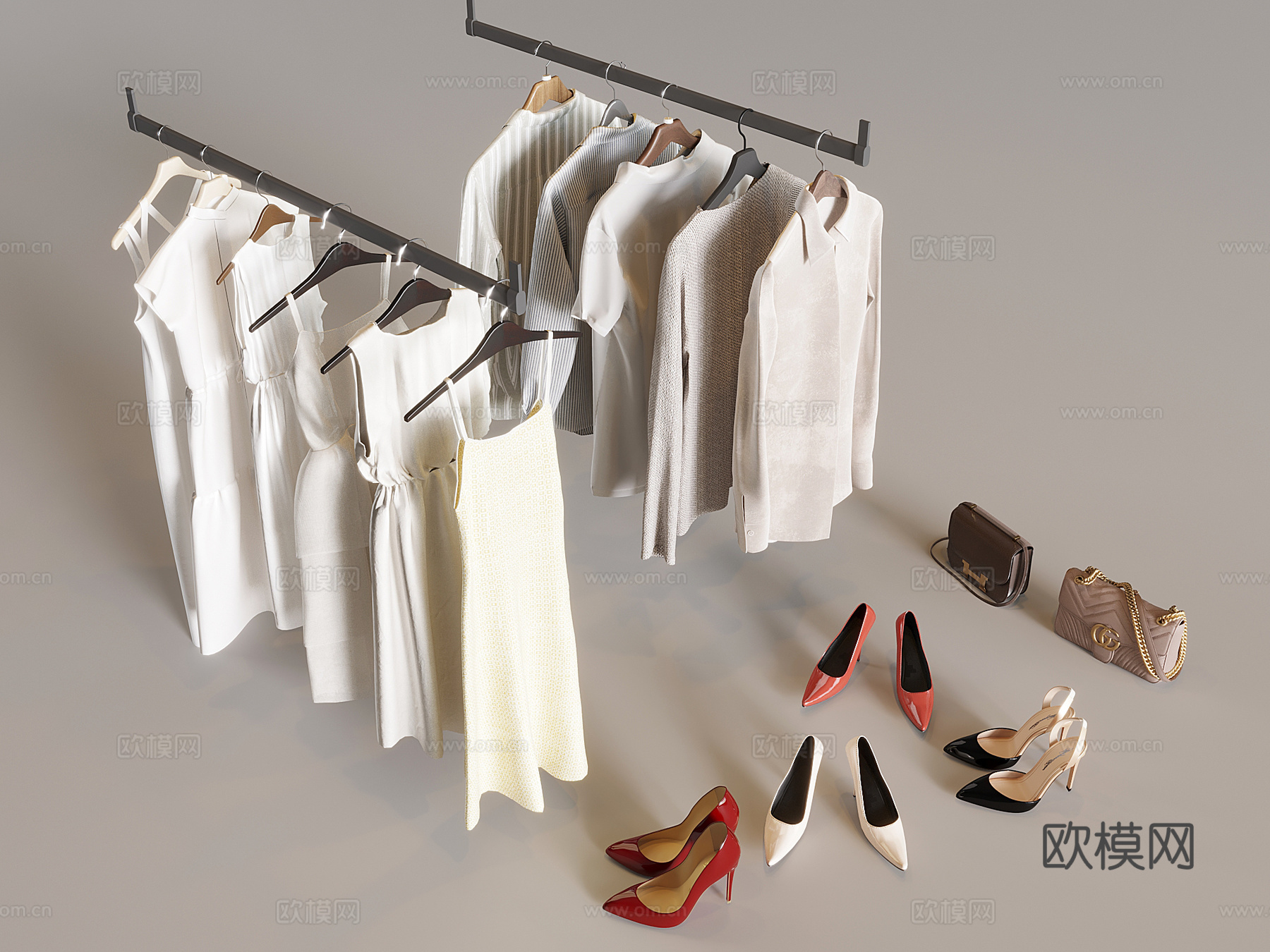 衣服衬衣连衣裙 晾衣挂衣杆衣服撑 高跟鞋皮鞋包包3d模型