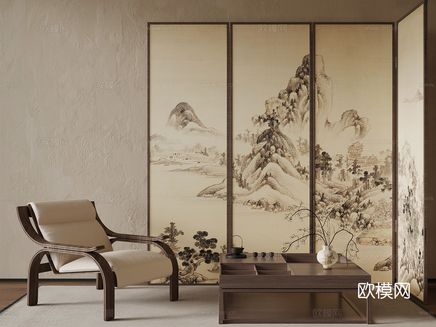 新中式屏风 休闲椅 茶几3d模型