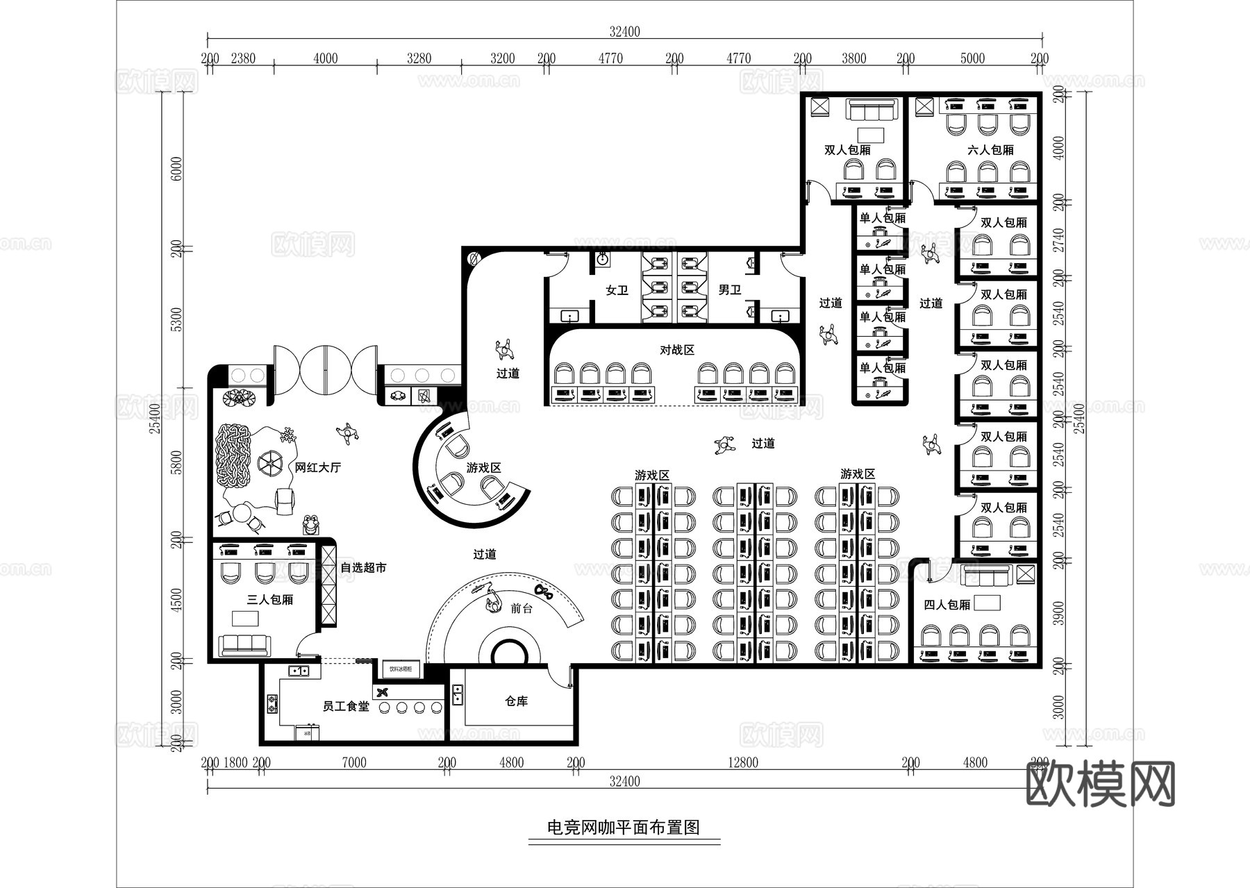 现代电竞网咖平面布置图cad施工图