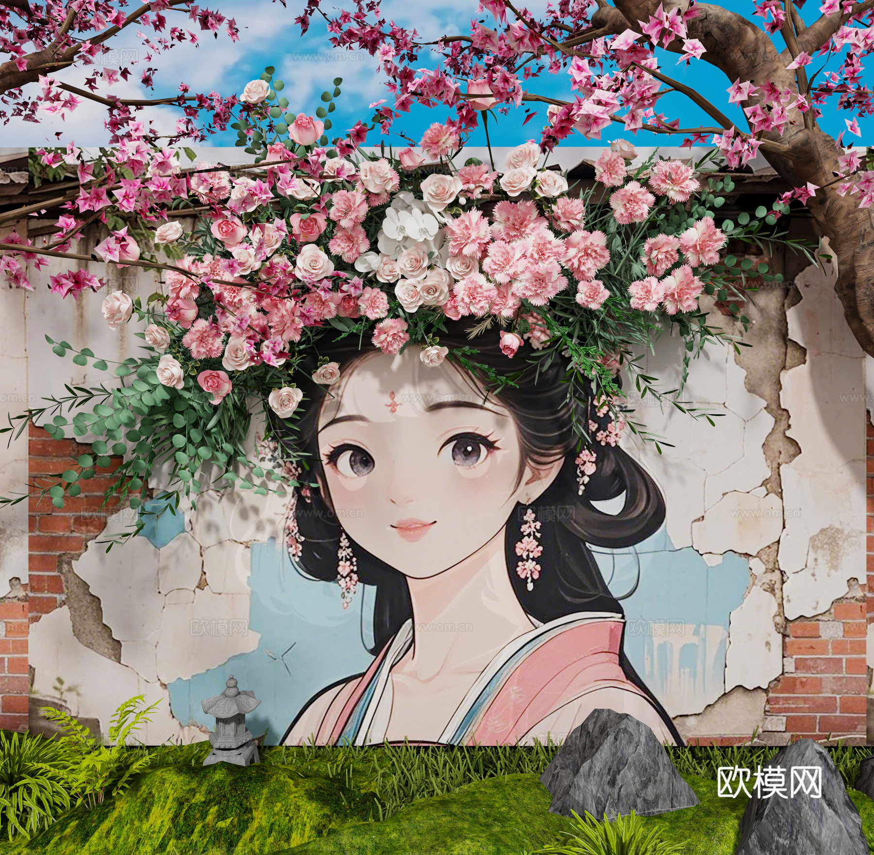 现代墙体 网红打卡墙面 彩绘墙面 樱花树 植物 古代人物彩绘3d模型