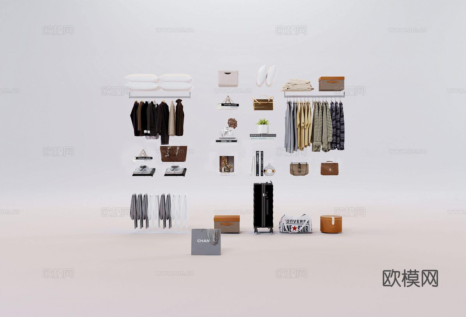 现代简约衣服 箱包 衣柜陈设 拉杆箱 服饰鞋帽3d模型
