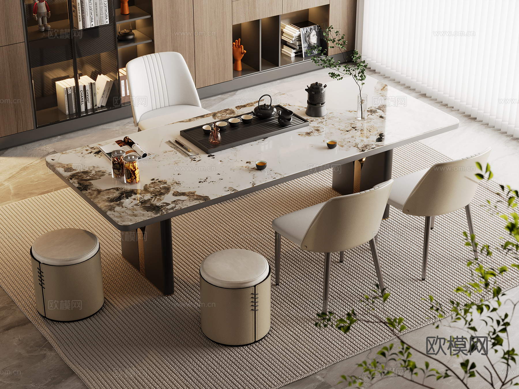 现代茶桌椅 轻奢 大理石茶桌椅 岩板茶台 靠背椅 茶具用品su模型下载（渲染图1）